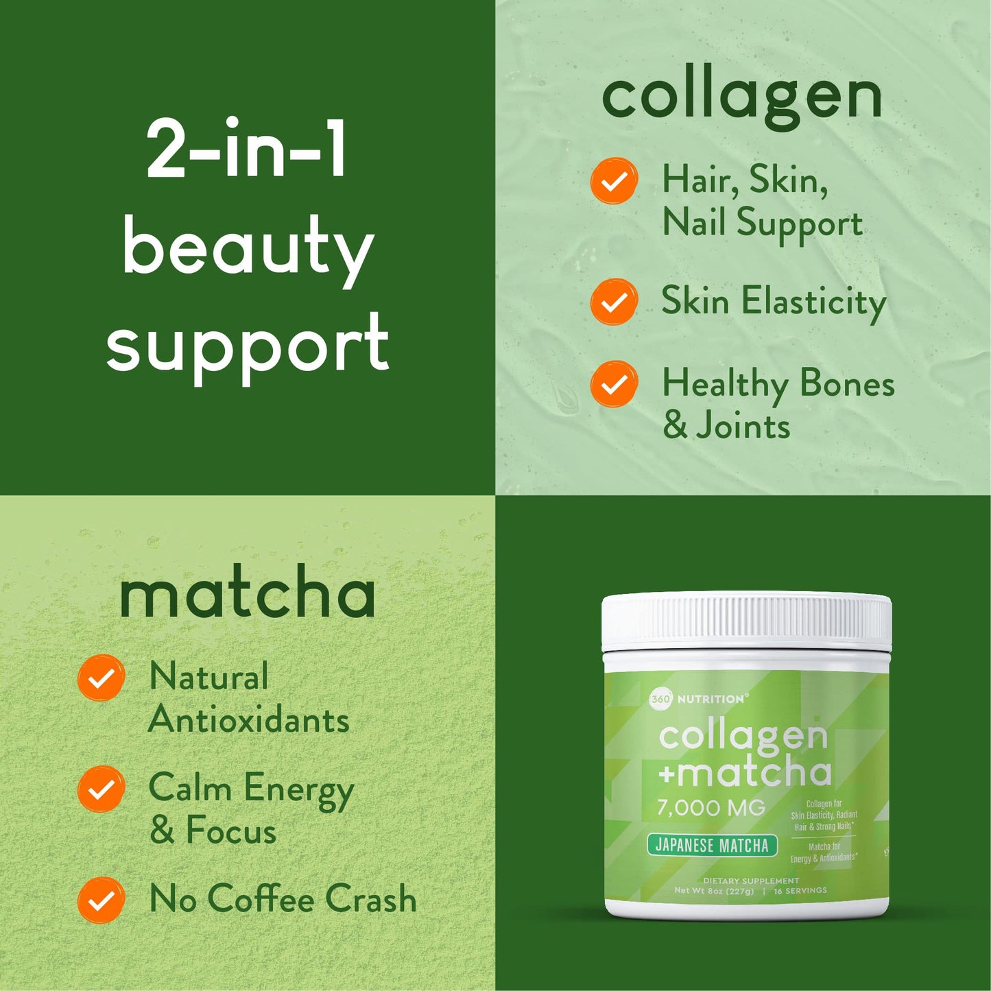360 Nutrition Matcha Hydrolyzed Collagen Peptides Powder, 8 oz