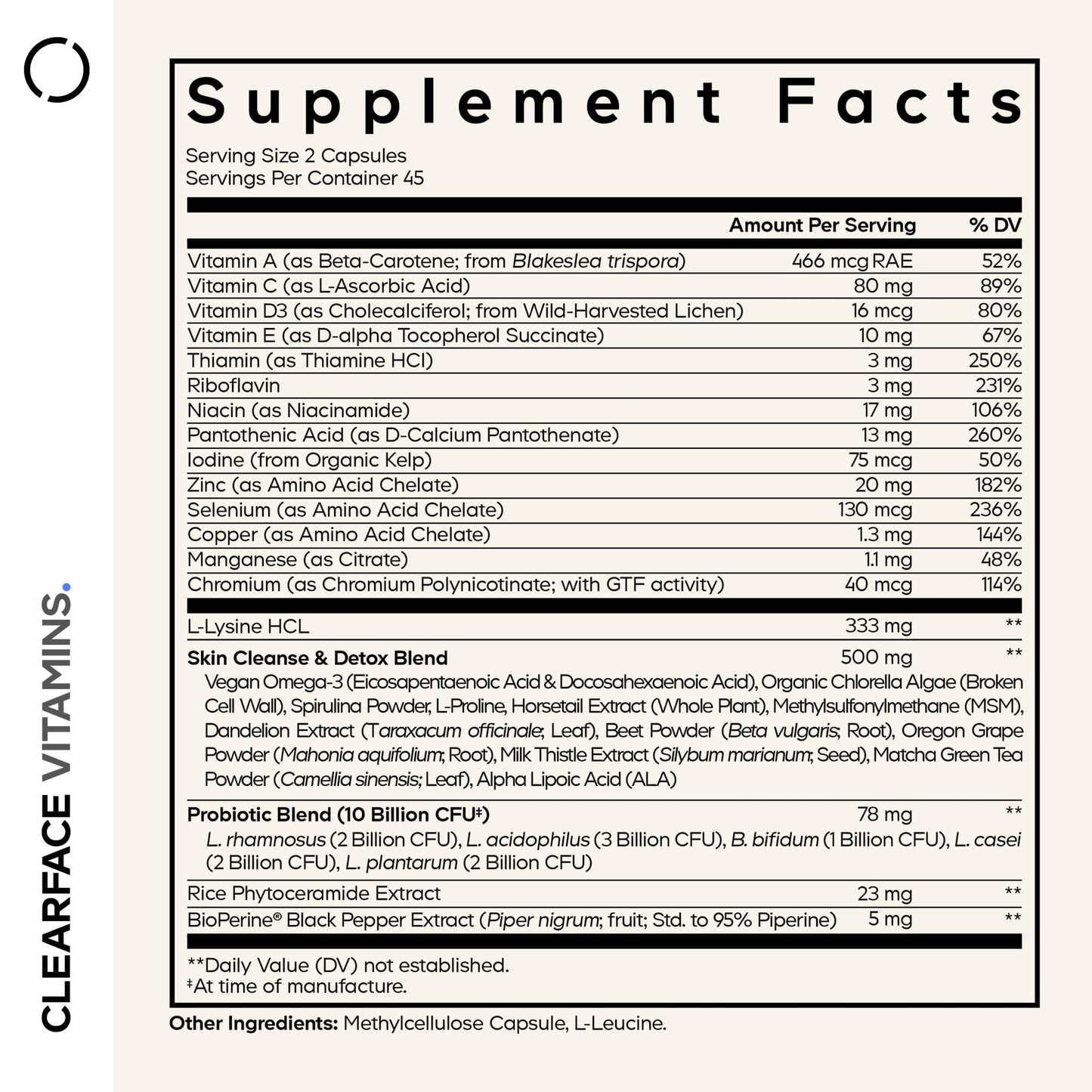 Codeage Clearface Skin Vitamins, Minerals with Niacin Capsules 90 Count
