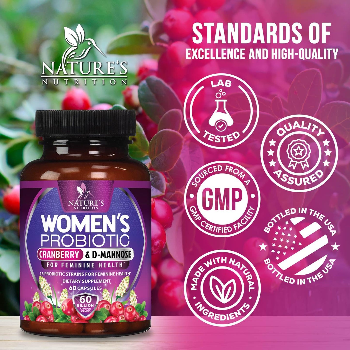 Nature's Nutrition Probiotics 60 Billion CFU Per Serving for Women - 16 Strains, Prebiotics Cranberry & Lactobacillus, PH Balance, Digestive & Immune Support, Women's Probiotic, 60 Capsules