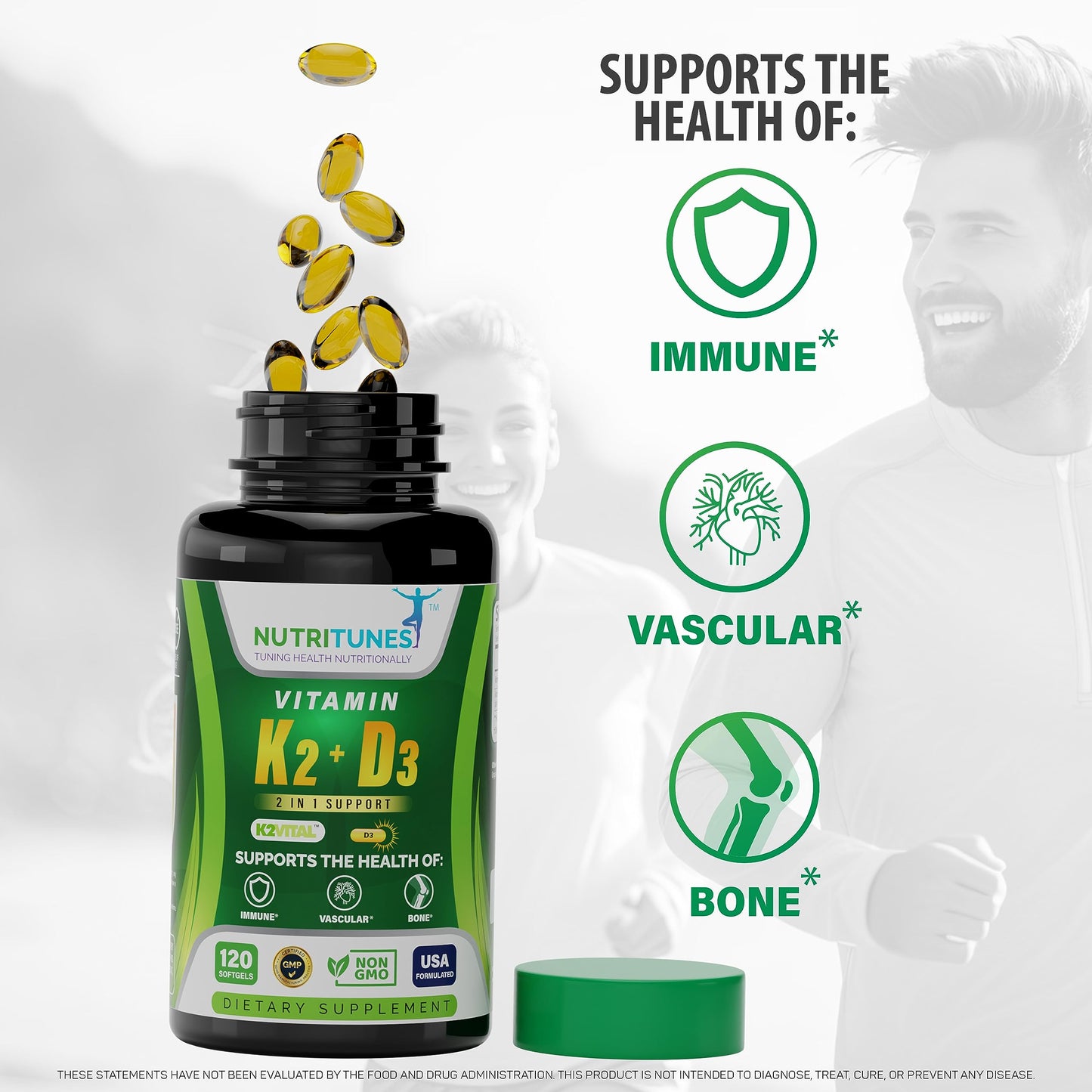 Nutritunes Vitamin D3 K2 5000 IU D3 & 100 mcg K2 MK-7 Softgels 120