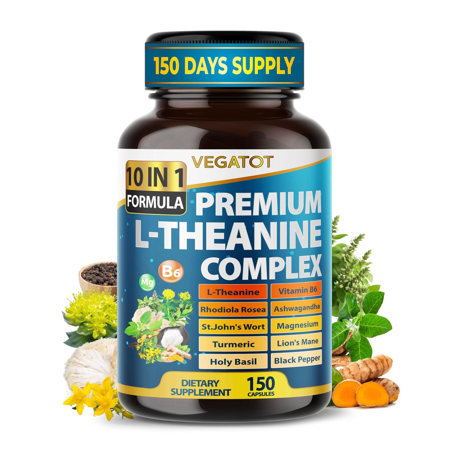 VEGATOT Ultra Organic L-Theanine Complex 10-in-1 Formula with Vitamin B6, Magnesium, Rhodiola, Ashwagandha, Turmeric & Holy Basil – Supports Calm Mood, Relaxation & Focus, 150 Capsules