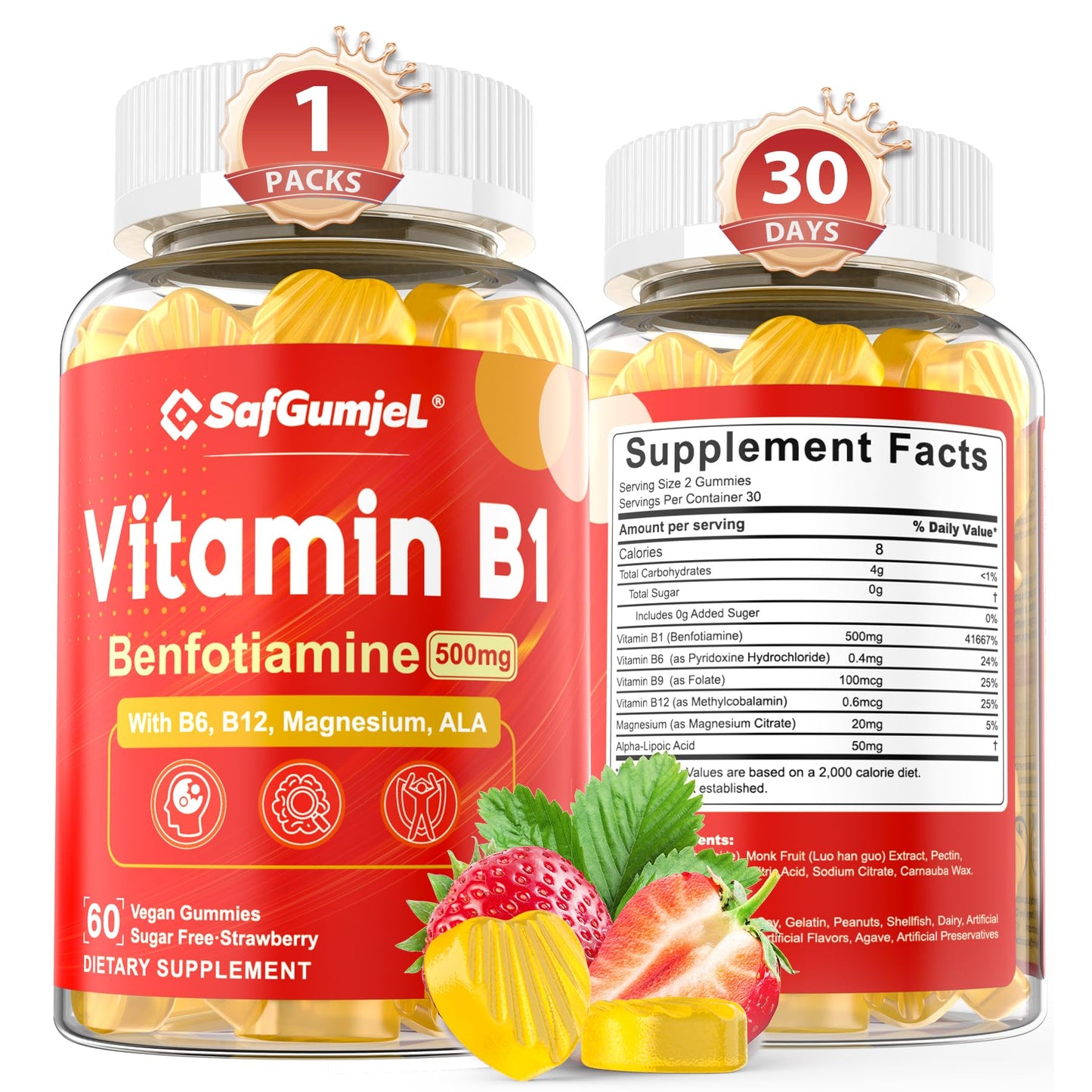 Safgumjel Vitamin B1 (Benfotiamine) Gummies 500mg – B1 B6 B12 with Magnesium for Energy Metabolism and Healthy Nervous System, Chewable B Complex for Adults & Kids – Vegan, Sugar Free, 60 Ct