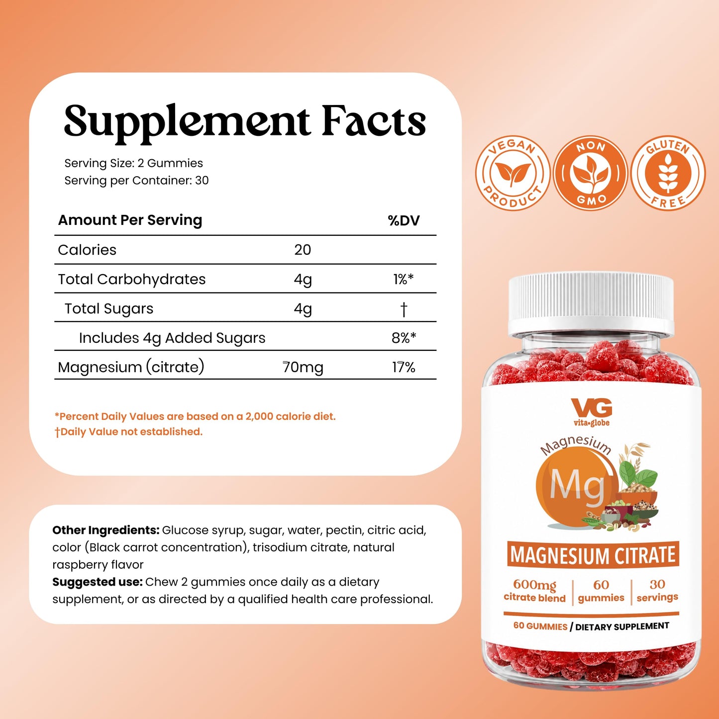 VITA GLOBE Magnesium Citrate Gummies 120 Count
