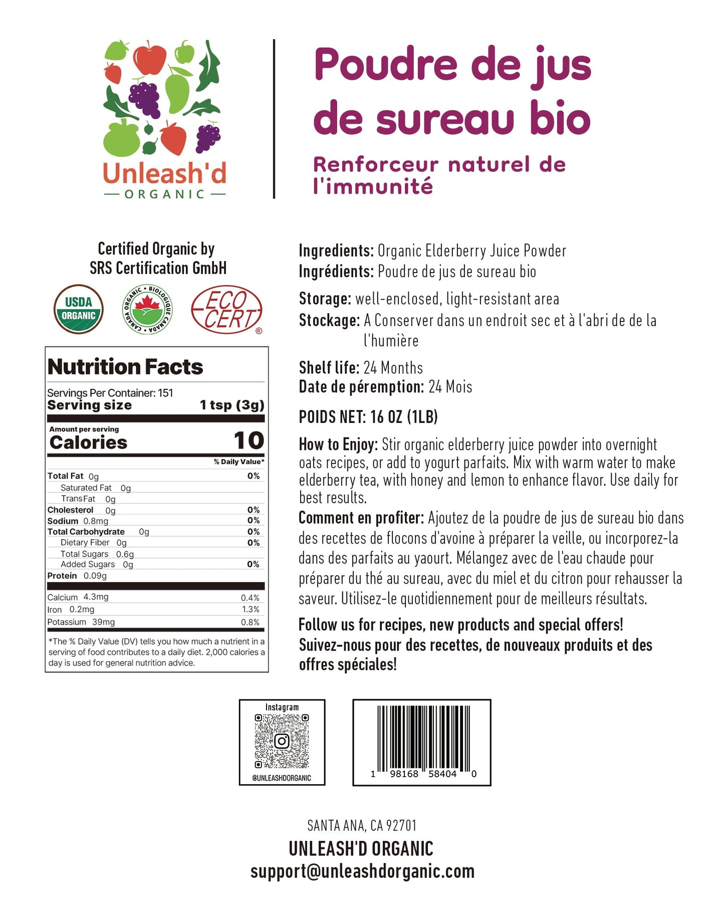 UNLEASH'D ORGANIC Organic Elderberry Juice Powder 16 oz