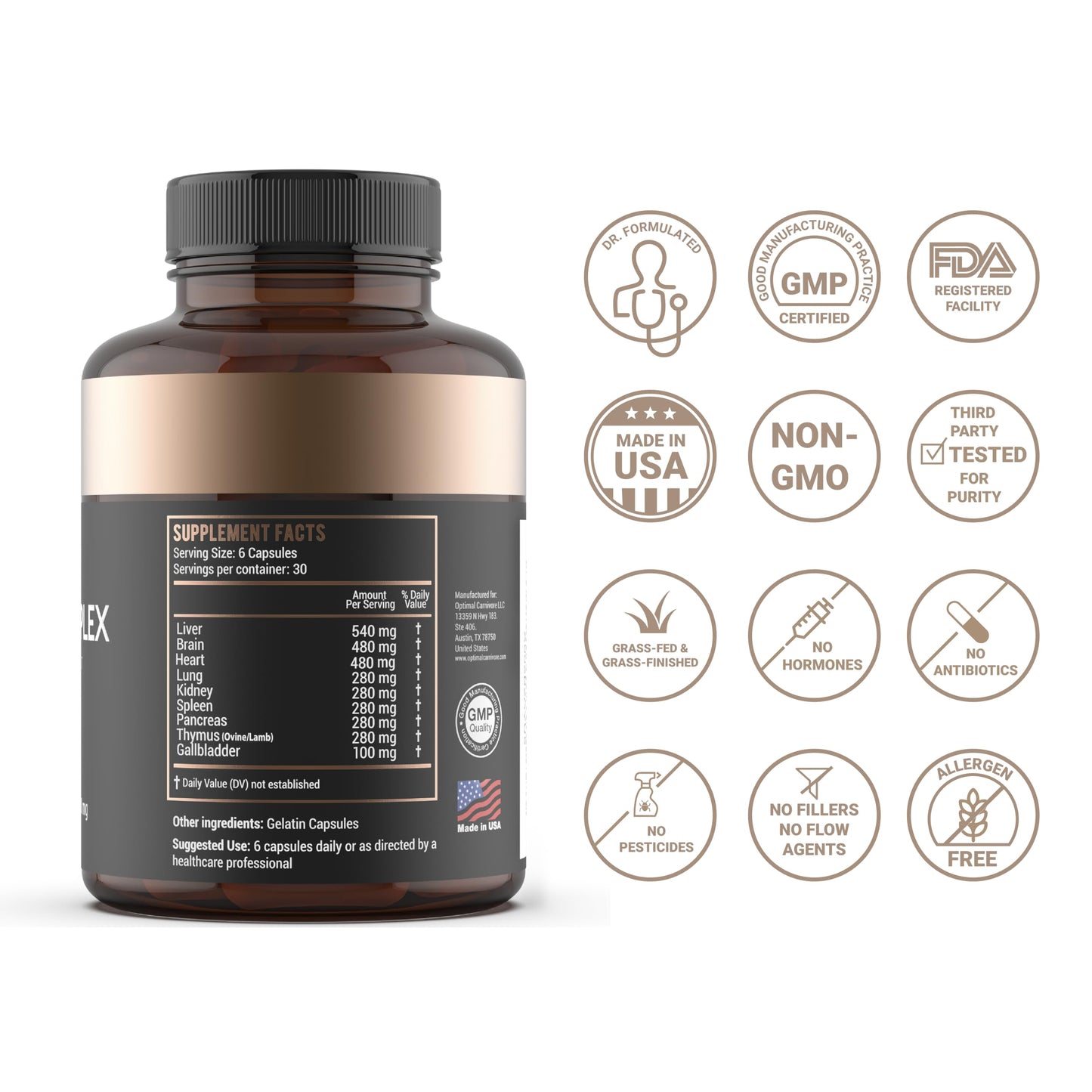 Optimal Carnivore Beef Organ Supplement 9-Organ Complex Capsules, 180 Count