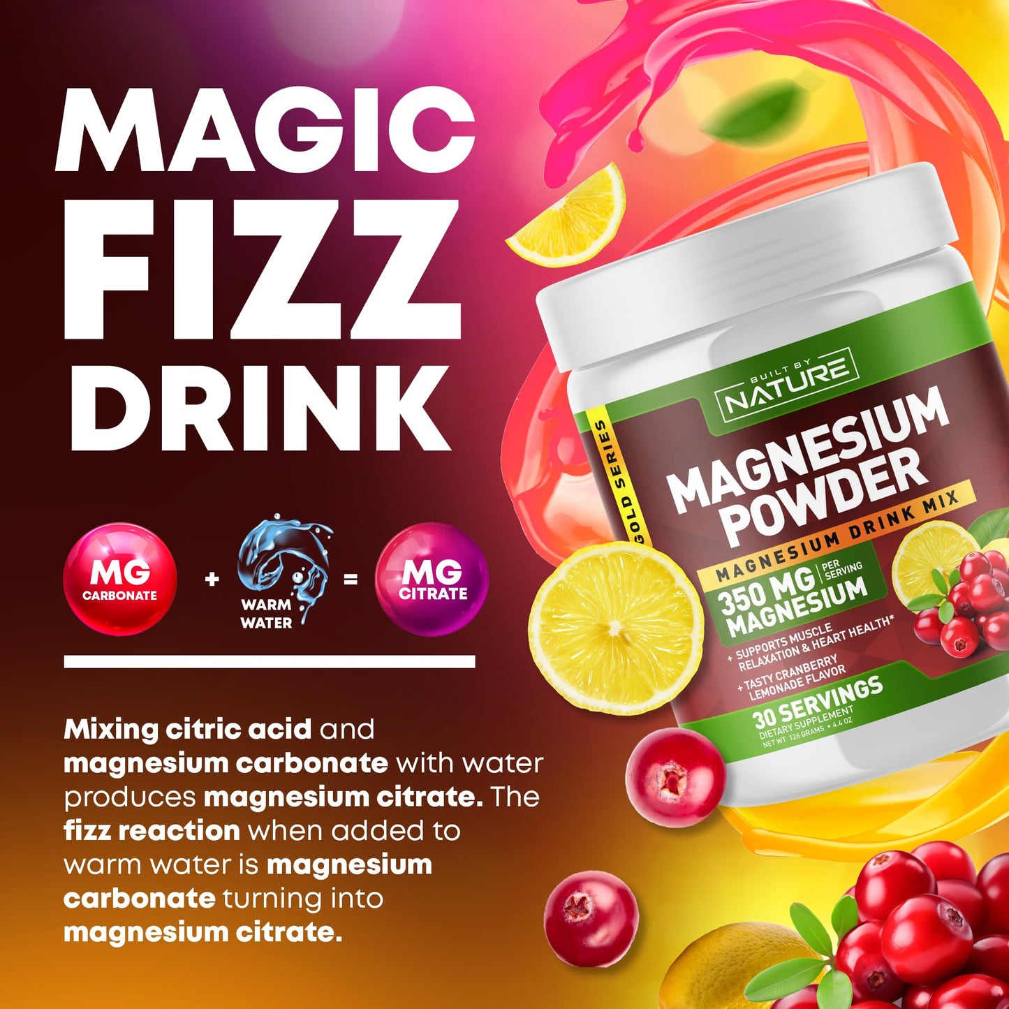 Built by Nature Magnesium Citrate Powder Cranberry Lemonade 4.44 Ounces