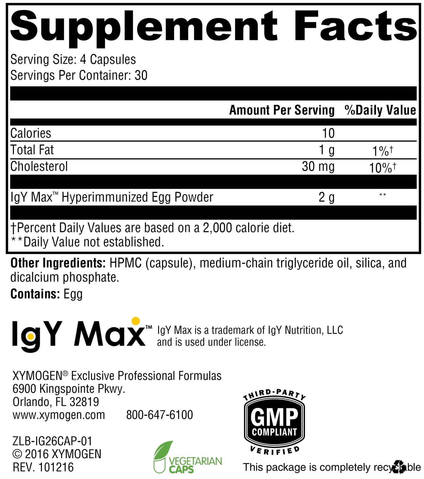 XYMOGEN IG 26 DF Dairy-Free Immunoglobulin Capsules, Hyperimmune Egg-Derived Immunoglobulins, 120 Capsules