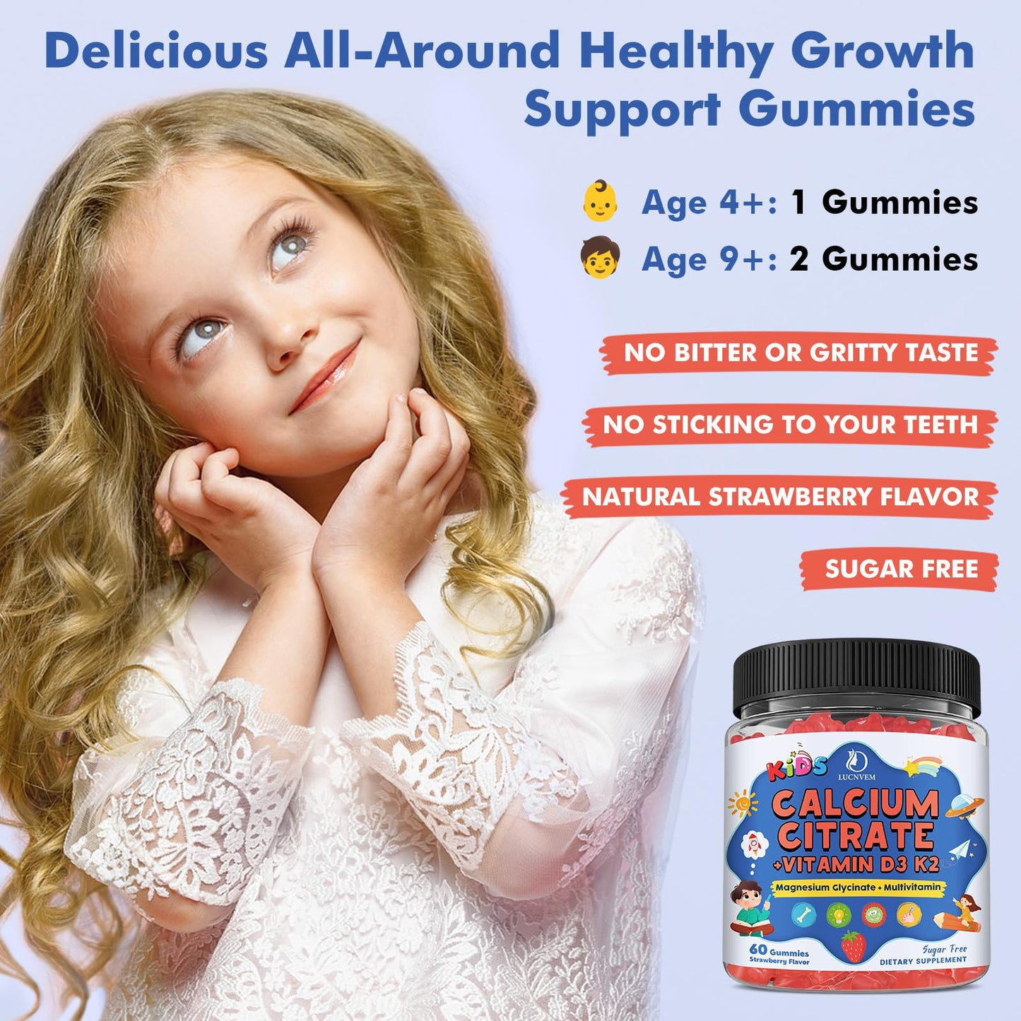 LUCNVEM Kids Calcium Citrate Gummies with Vitamin D3, Calcium Citrate 300/600 mg with Magnesium Zinc & Multivitamin, Sugar Free Strawberry, 120 ct