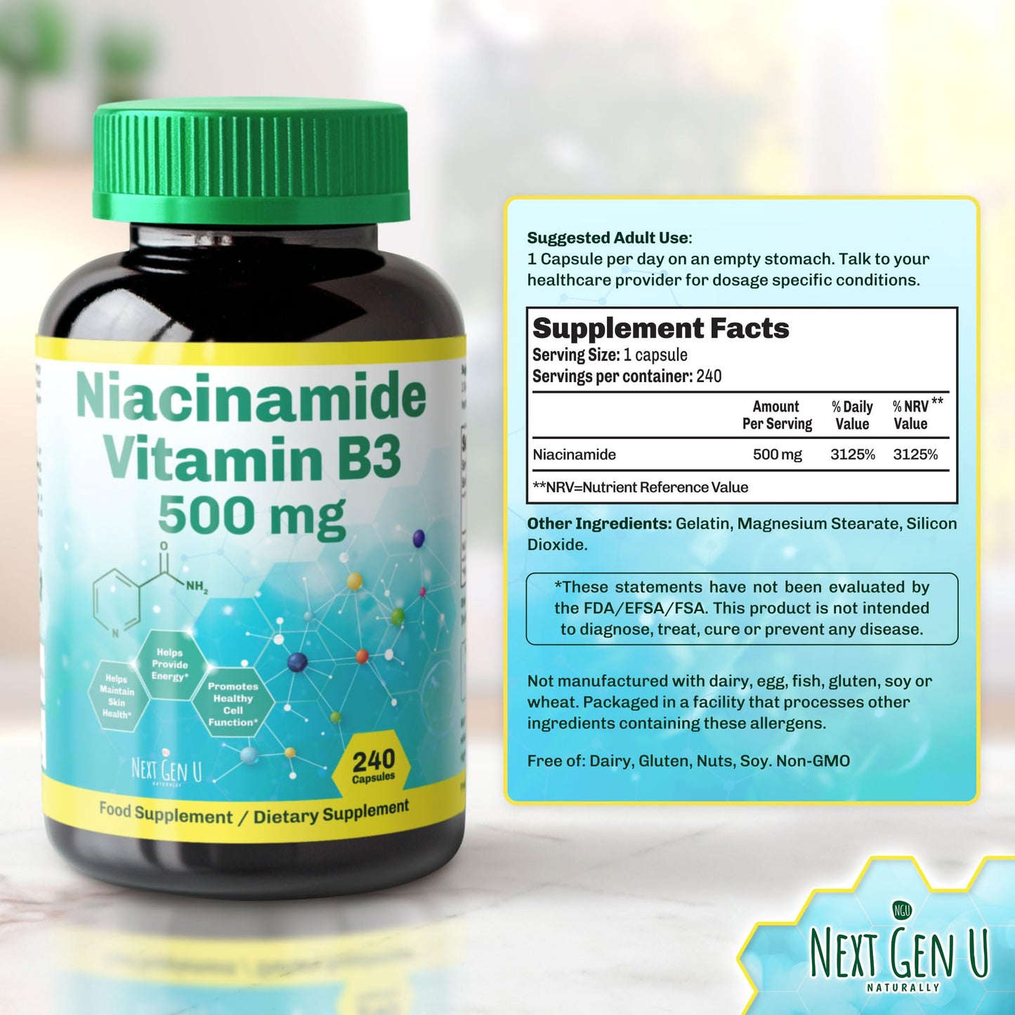 NGU Next Gen U Vitamin B3-500 mg Niacinamide, 240 Capsules
