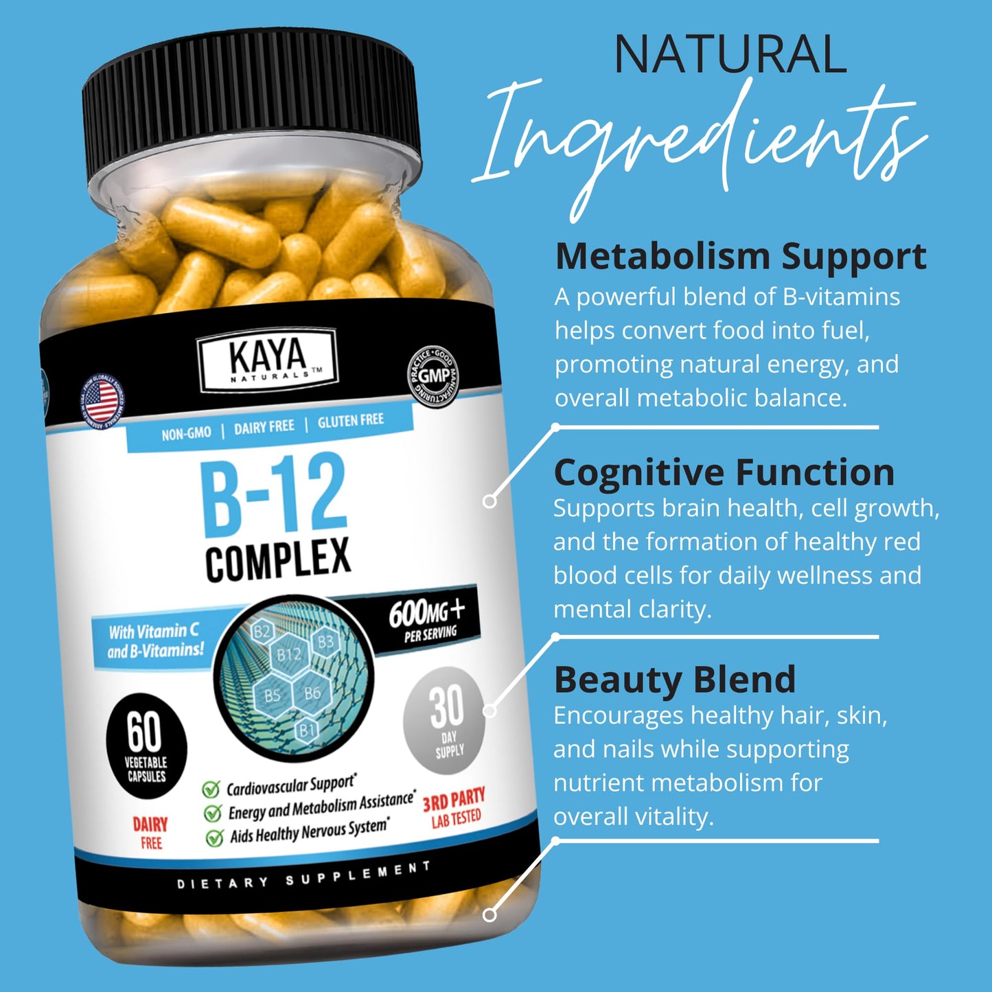 Kaya Naturals B-12 Complex Multivitamin for Women & Men Capsules, 60 Count