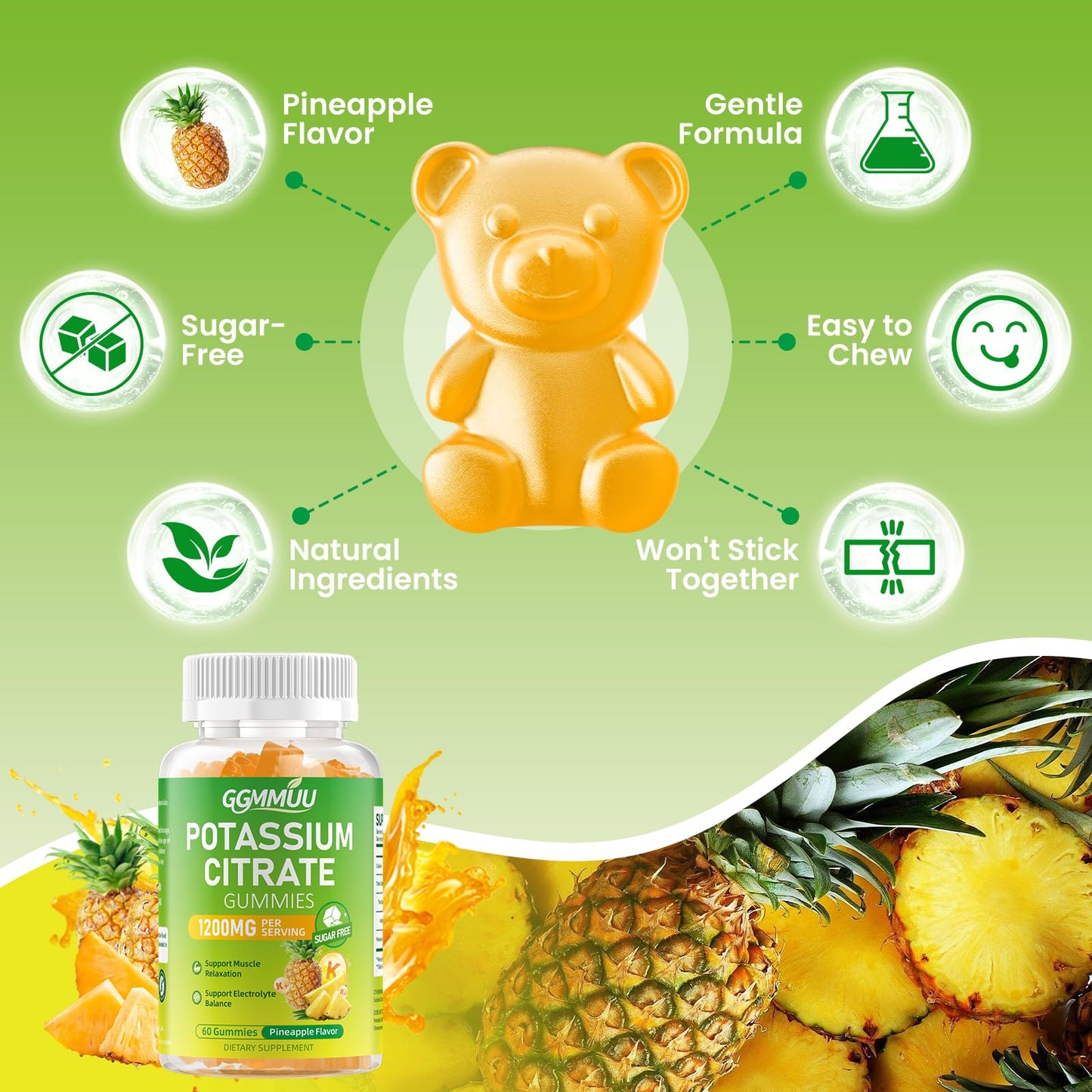GGMMUU Potassium Citrate Gummy 1200mg, Sugar Free, Pineapple, 60 Count