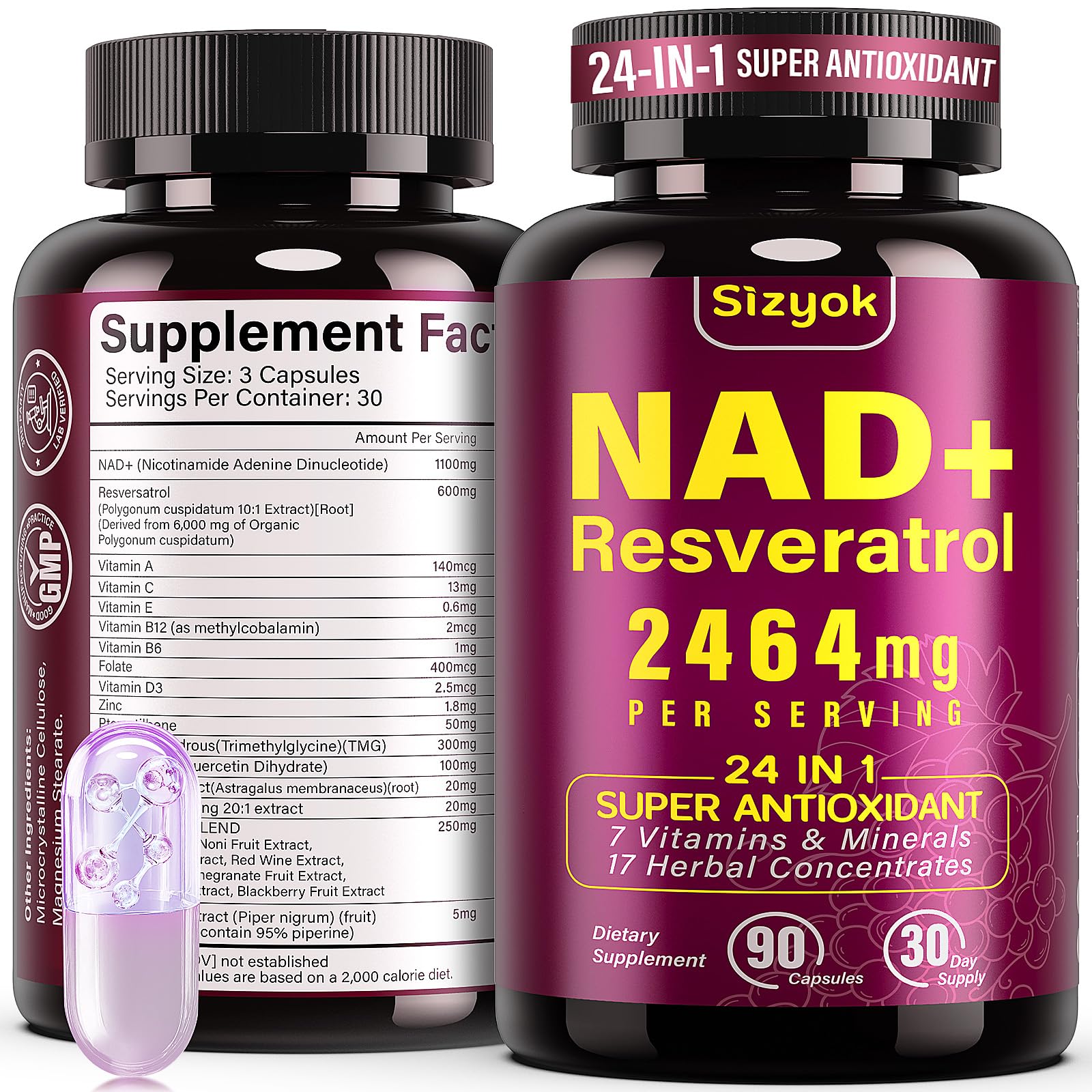 Sizyok NAD Supplement 1100mg + Resveratrol 600mg – Advanced Liposomal NAD+ Capsules with Pterostilbene & Quercetin, 90 Count