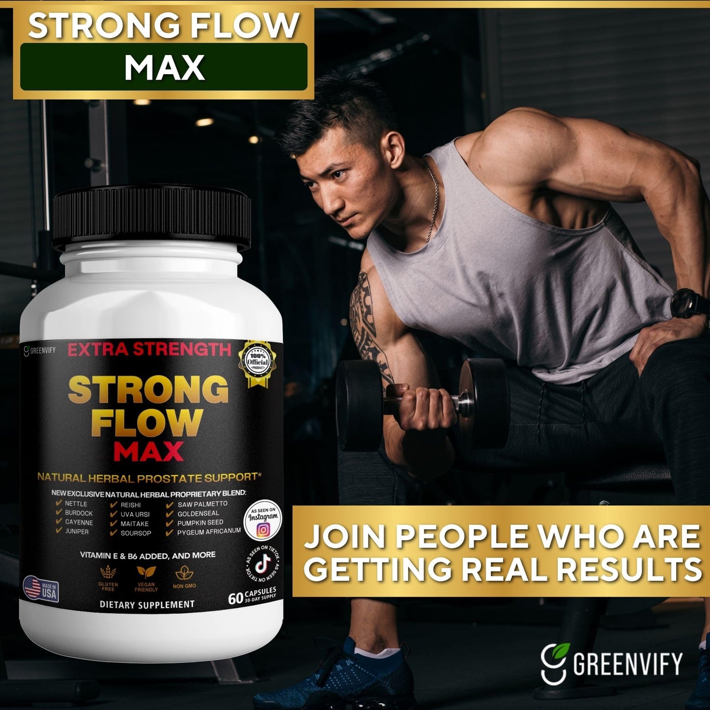 GREENVIFY Strong Flow Max Extra Strength Prostate Support with Saw Palmetto, 60 Capsules