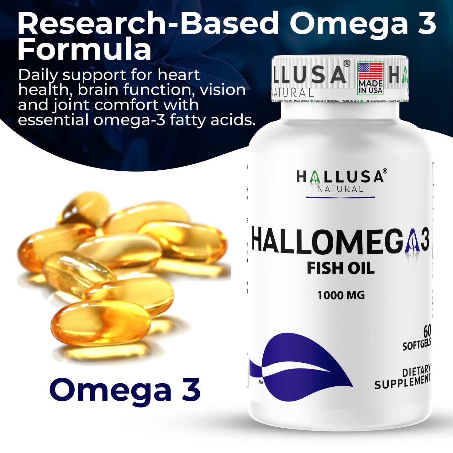 Hallusa Natural Omega 3 Fish Oil 1000mg with 800mg Omega-3, Essential Fatty Acids EPA & DHA, Heart, Brain & Eye Support Softgel 60