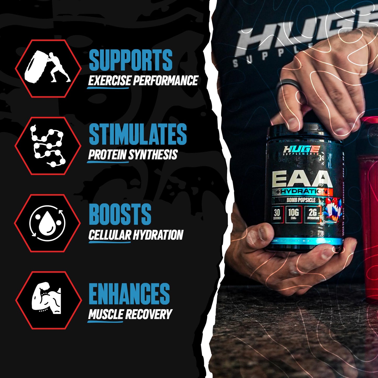 Huge Supplements EAA + Hydration Essential Amino Acids Powder, EAAs & BCAAs, Intra & Post Workout Recovery, Bomb Popsicle, 15.6 Ounce