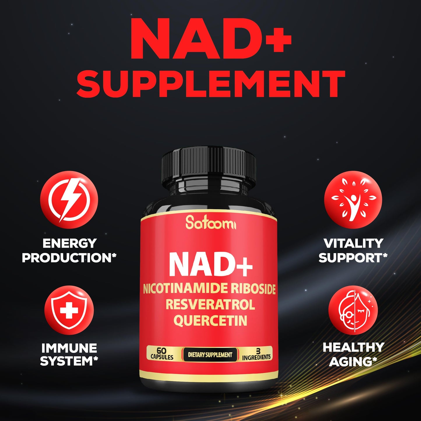 Satoomi NAD Supplement with Nicotinamide Riboside NR, Resveratrol, Quercetin, 60 Capsules