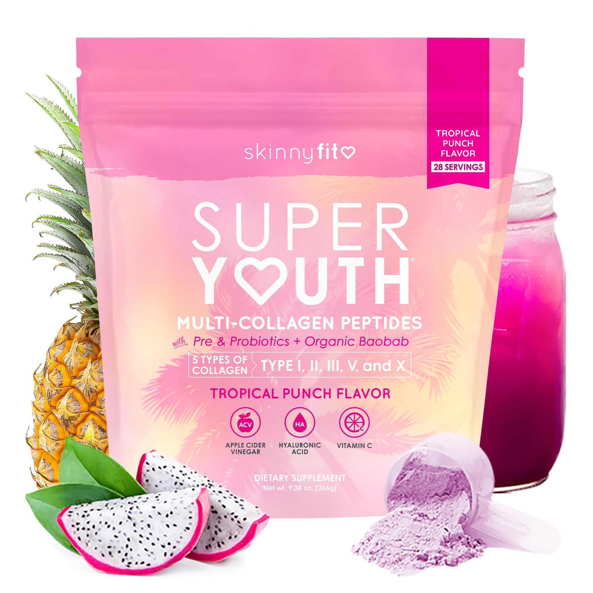 SkinnyFit Super Youth Collagen for Women - Multi Collagen Peptides Powder with Probiotics, Fiber, Hyaluronic Acid, 11 oz