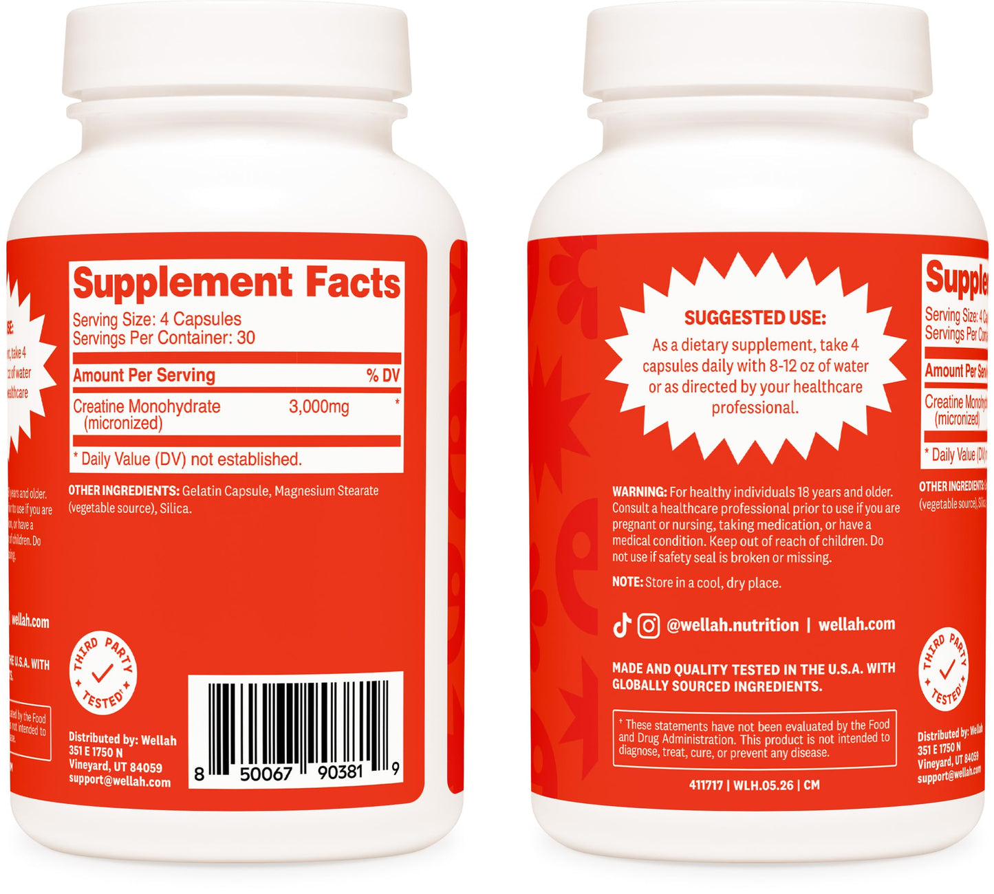 Wellah Creatine Monohydrate Capsules 3000 mg, 120 Capsules