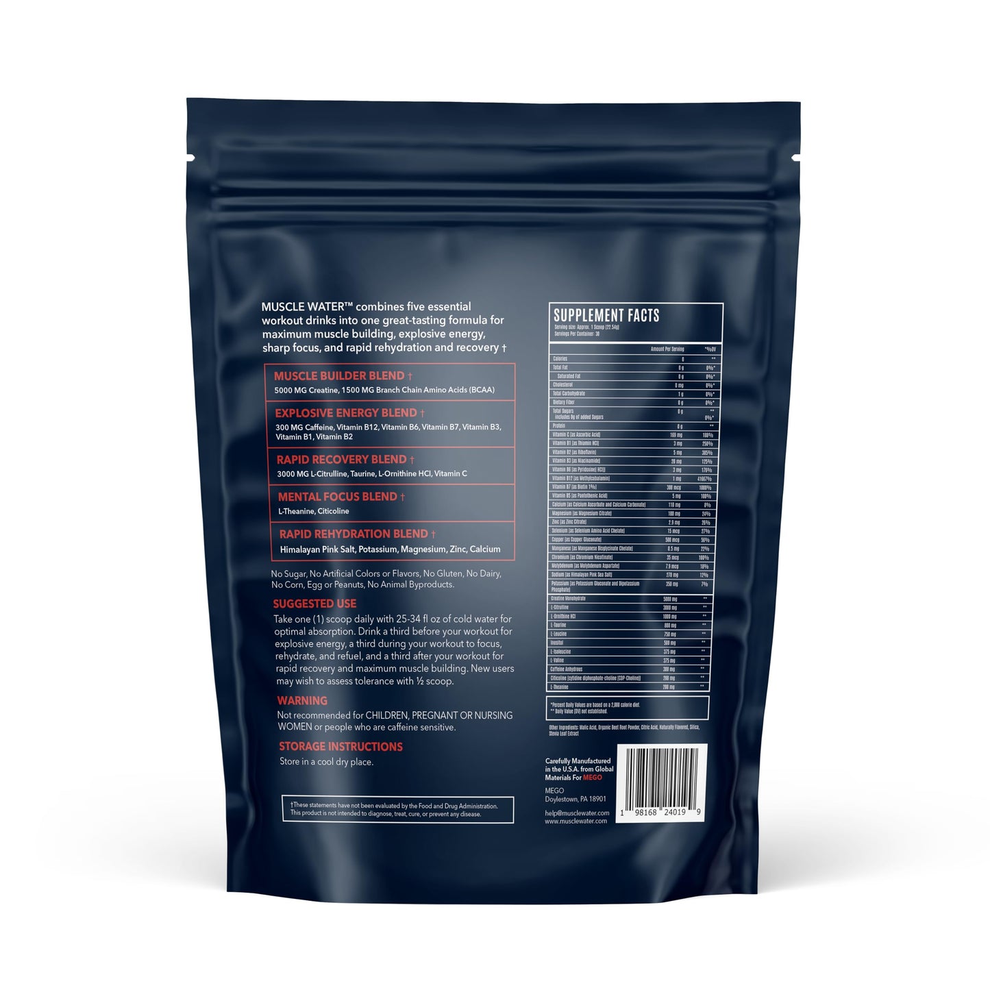 MEGO Muscle Water Pre Workout Powder, 30 Servings