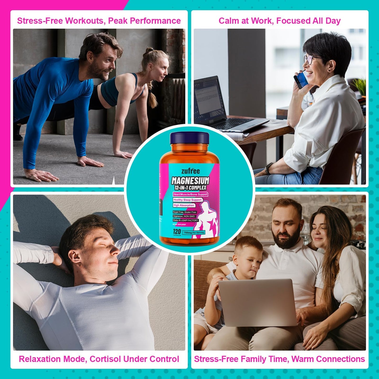Qsbon Magnesium 12 in 1 Complex Supplement 700mg High Absorption Magnesium Glycinate, 120 Capsules