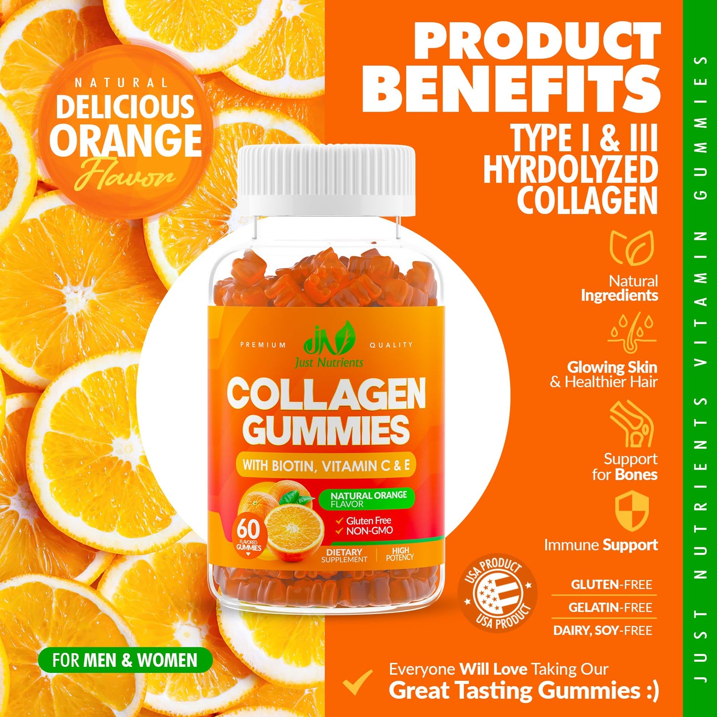 Just Nutrients Collagen Peptides Gummies with Biotin, Vitamin C & E for Women & Men - Premium Hydrolyzed Collagen Type I & III for Hair, Skin & Nails Support - Gluten-Free, Non-GMO - 60 Gummies
