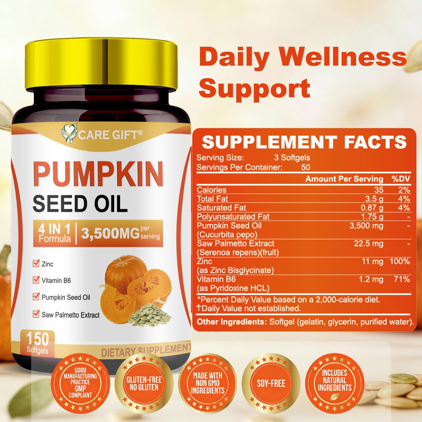 CARE GIFT Pumpkin Seed Oil with Saw Palmetto, Zinc Vitamin B6, 3500mg 4-in-1 Advanced Formula, Cold Pressed Essential Fatty Acids Phytosterols, Supports Immune Hair Urinary Bladder Prostate Health Softgels 150
