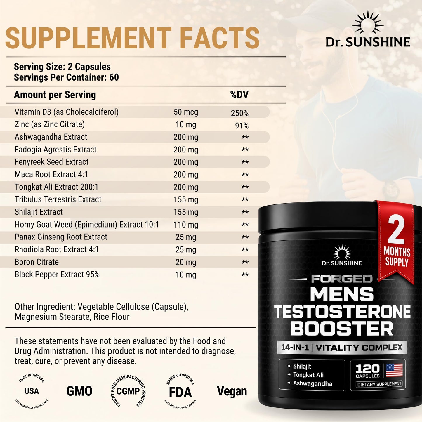 DR. SUNSHINE Forged Testosterone Supplement for Men –14 in 1 Natural Male Strength with Shilajit, Ashwagandha, Tongkat Ali – Muscle Builder Testosterone Booster, 120 Capsules