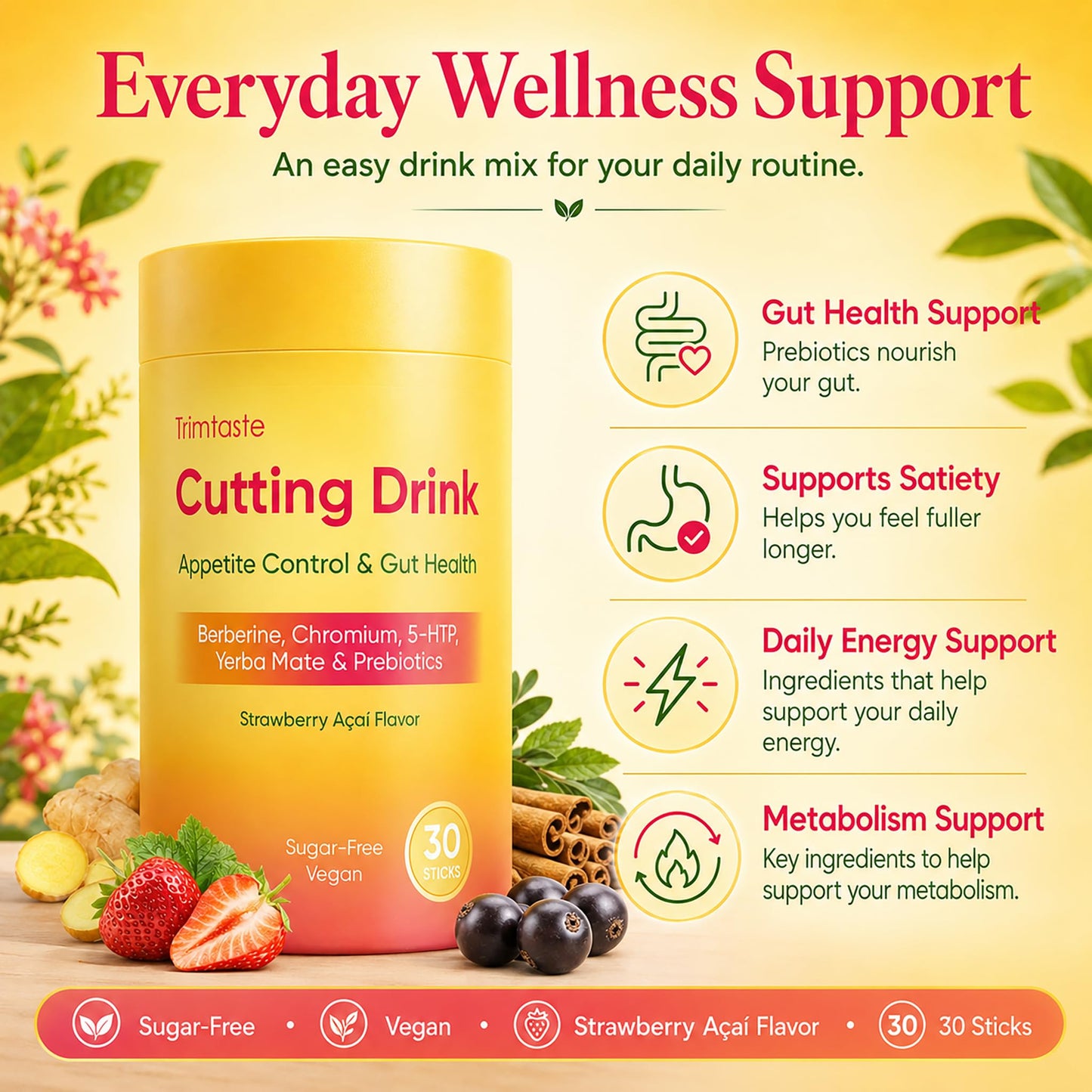 Peehss Kuranatural Cutting Mix for Gut Health Support Prebiotic Formula with Yerba Mate Supports Satiety, Energy & Metabolism Sugar Free, Vegan, Strawberry açaí Drink Powder, 1
