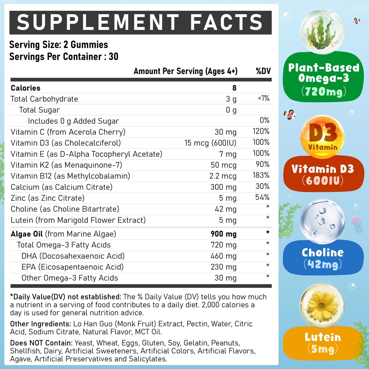 Edmmyliy Kids Omega-3 Gummies with Algae Omega-3, Choline, Lutein, Vitamin D3, B12, Calcium & Zinc – Gummy – 120 Count