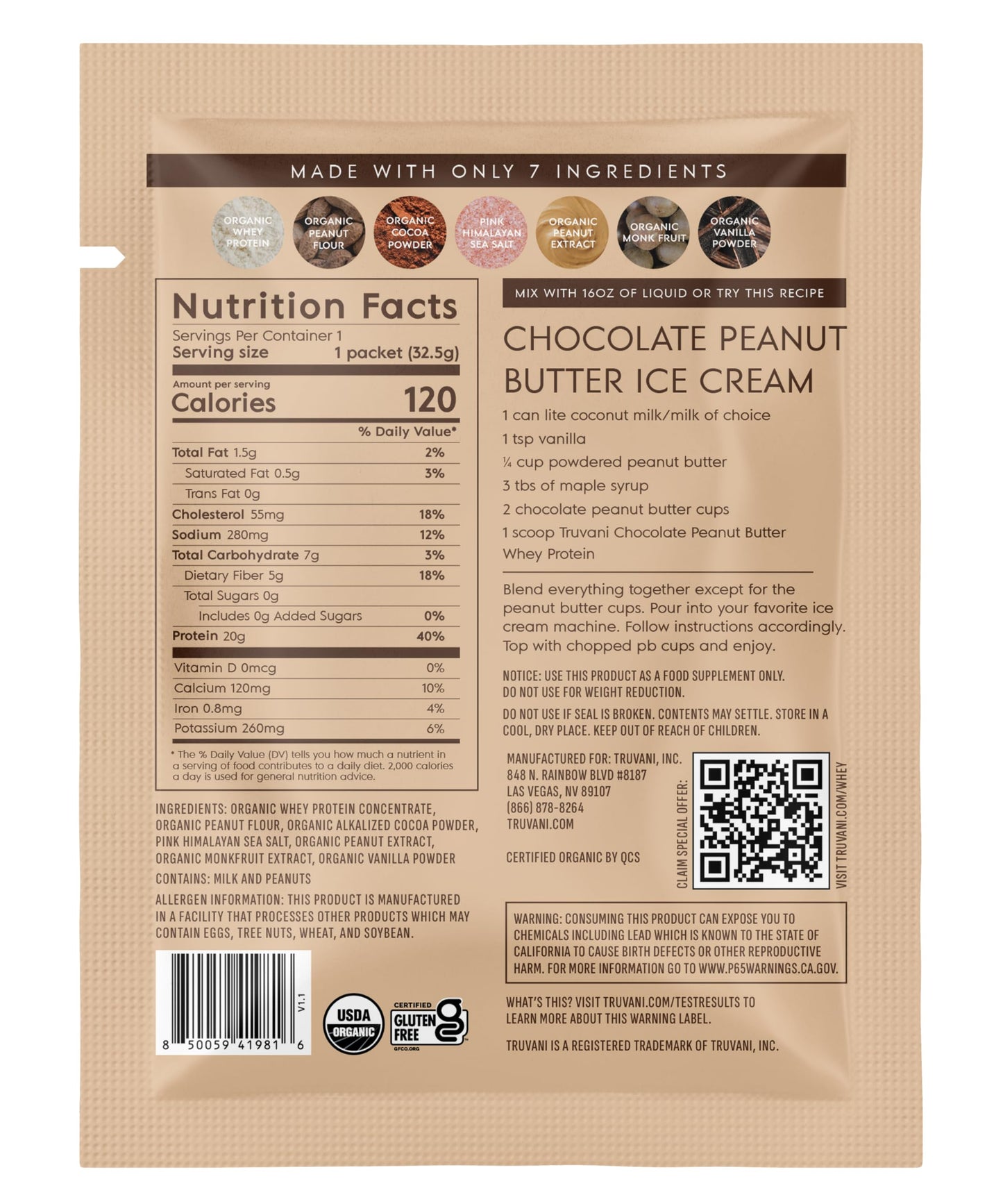 Truvani Organic Whey Protein Powder, Chocolate Peanut Butter, 1.14 Ounce