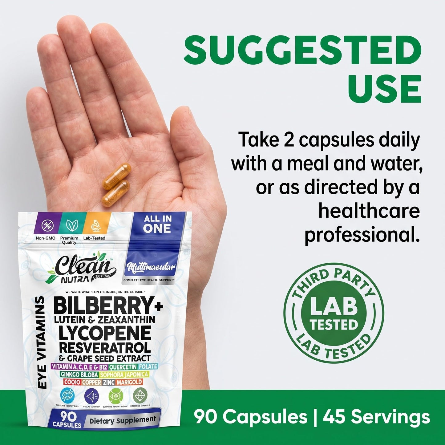 Clean Nutraceuticals Multimacular Bilberry+ Lutein Zeaxanthin Lycopene Resveratrol with Flax Seed Grape Japanese Knotweed Ginkgo Biloba Sophora Japonica Coenzyme Copper Zinc Marigold Black Pepper 90 Capsules