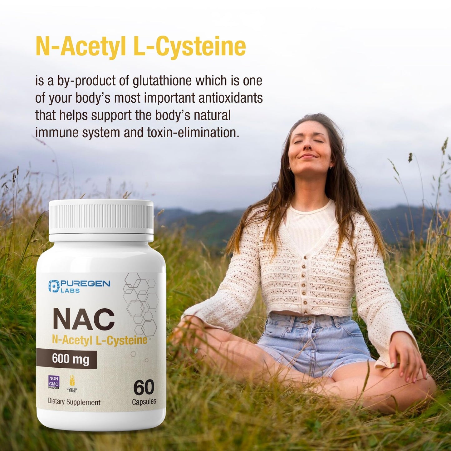 P Puregen Labs N-Acetyl-L-Cysteine (NAC) 600mg, 60 Capsules
