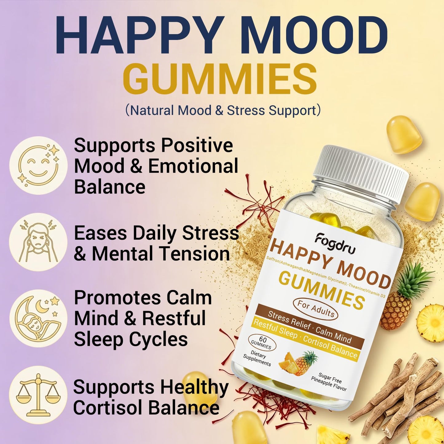 Fogdru Happy Mood Gummies, 60 Gummies