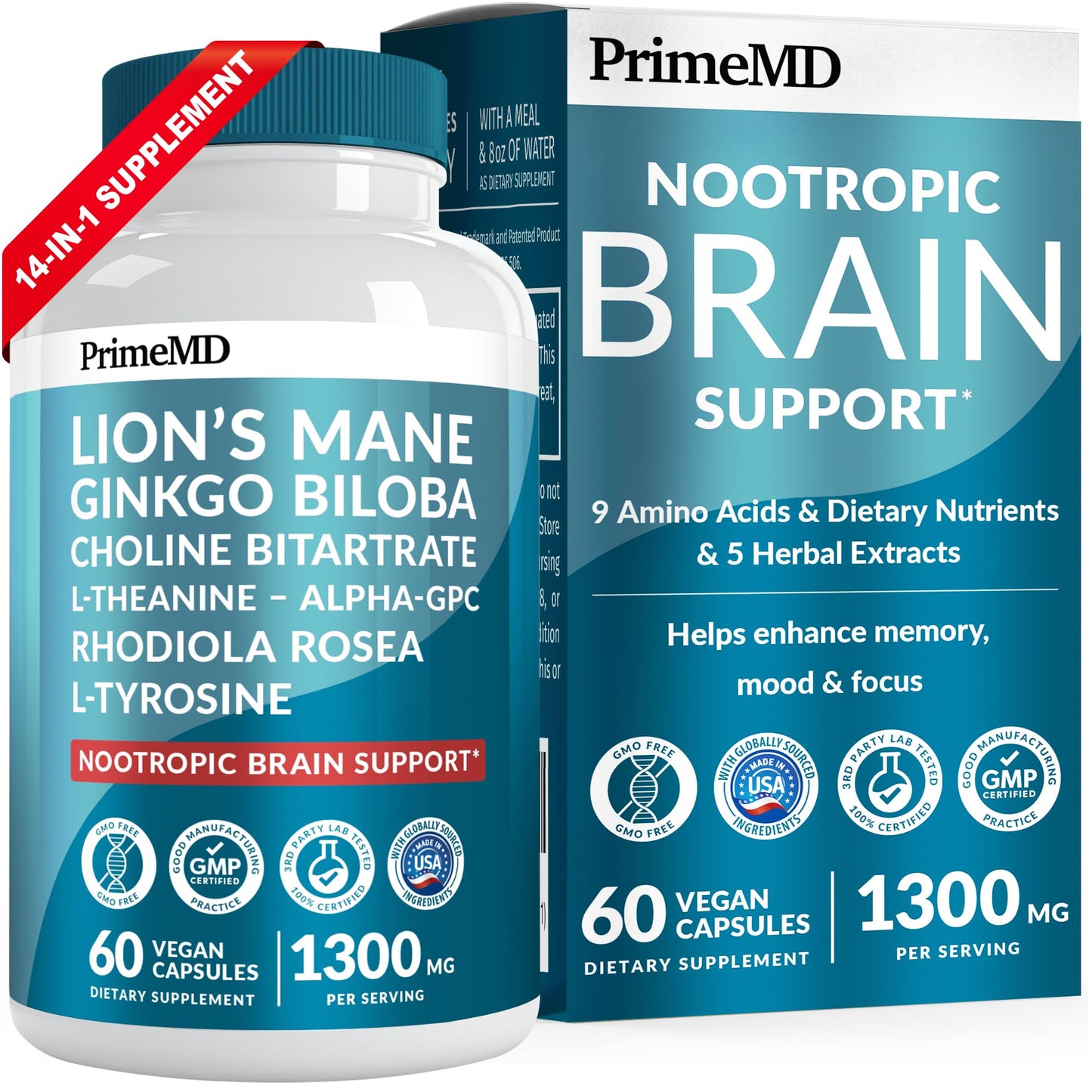 PrimeMD 14-in-1 Lions Mane Supplement Capsules, 60 Count