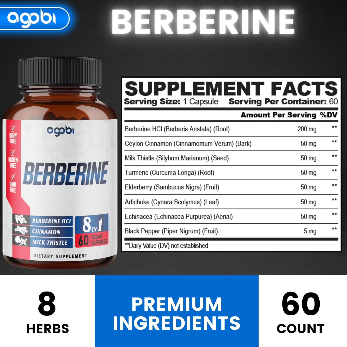 agobi Berberine Supplement with Ceylon, Milk Thistle, Turmeric, Elderberry & More, 60 Capsules