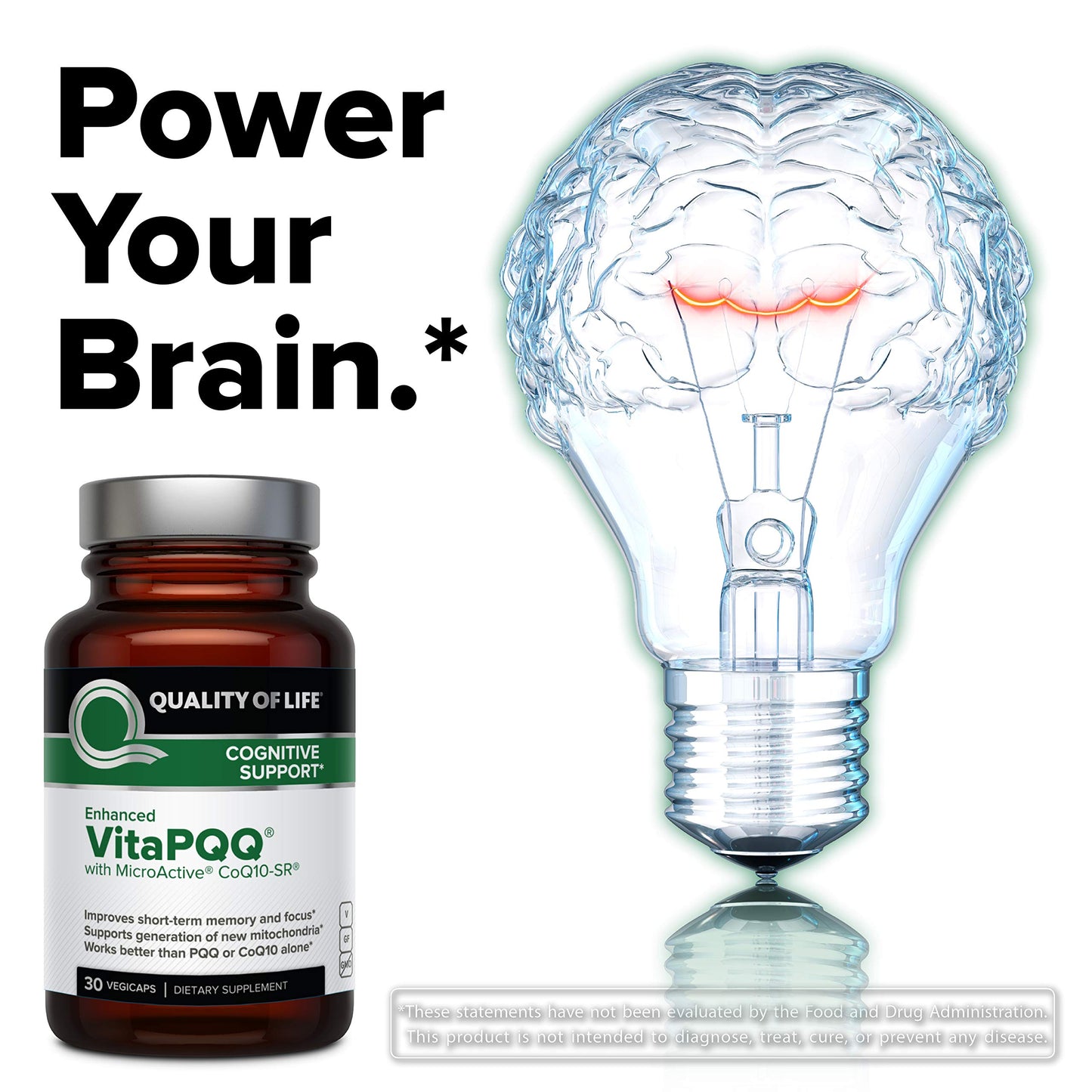 Quality of Life VitaPQQ with MicroActive CoQ10-SR Premium Supplement - Anti Aging, Memory, Energy, Focus, Cognitive and Heart Health Capsules 30