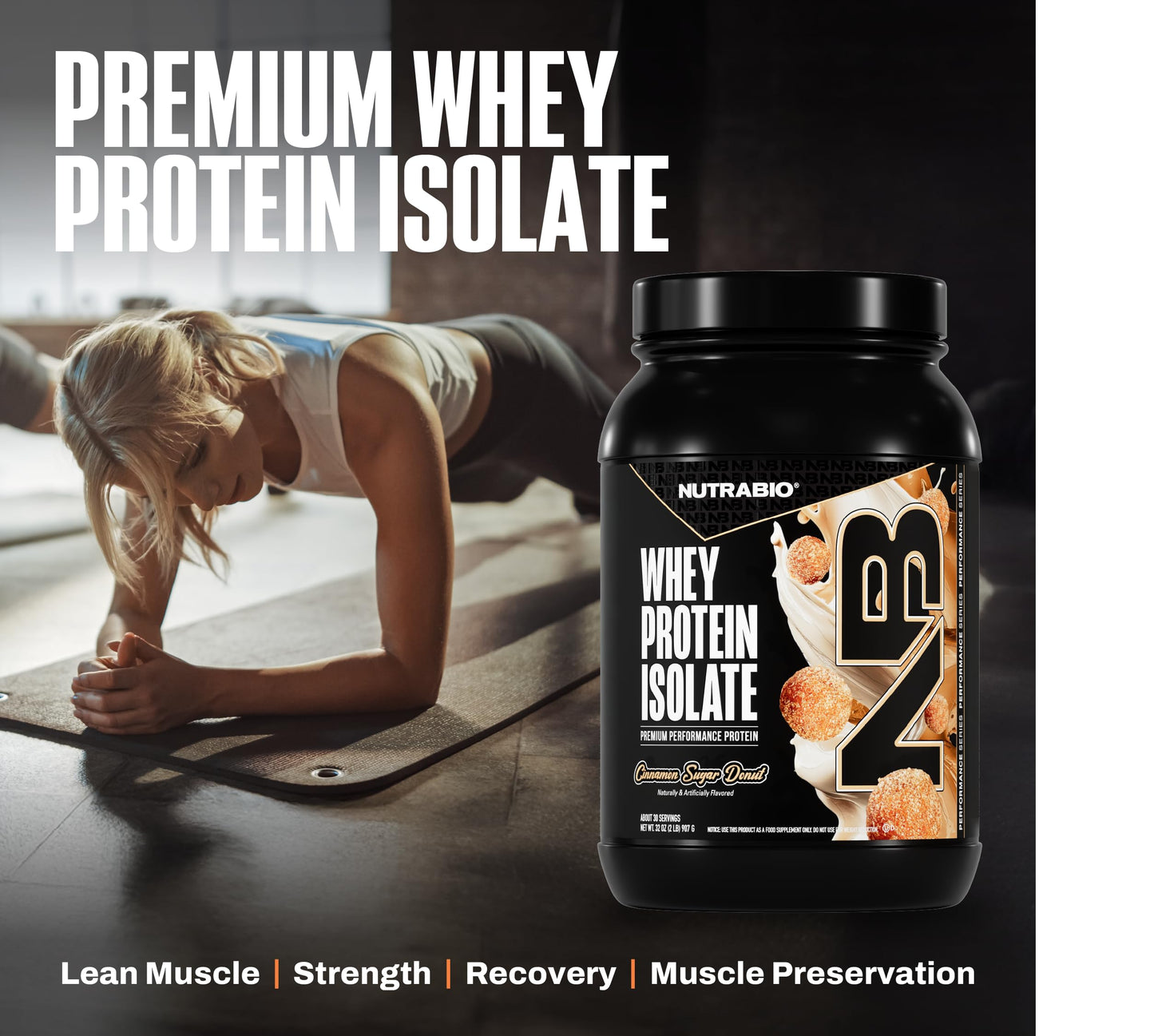 NutraBio 100% Whey Protein Isolate Protein Powder Cinnamon Sugar Donut, 32 Servings