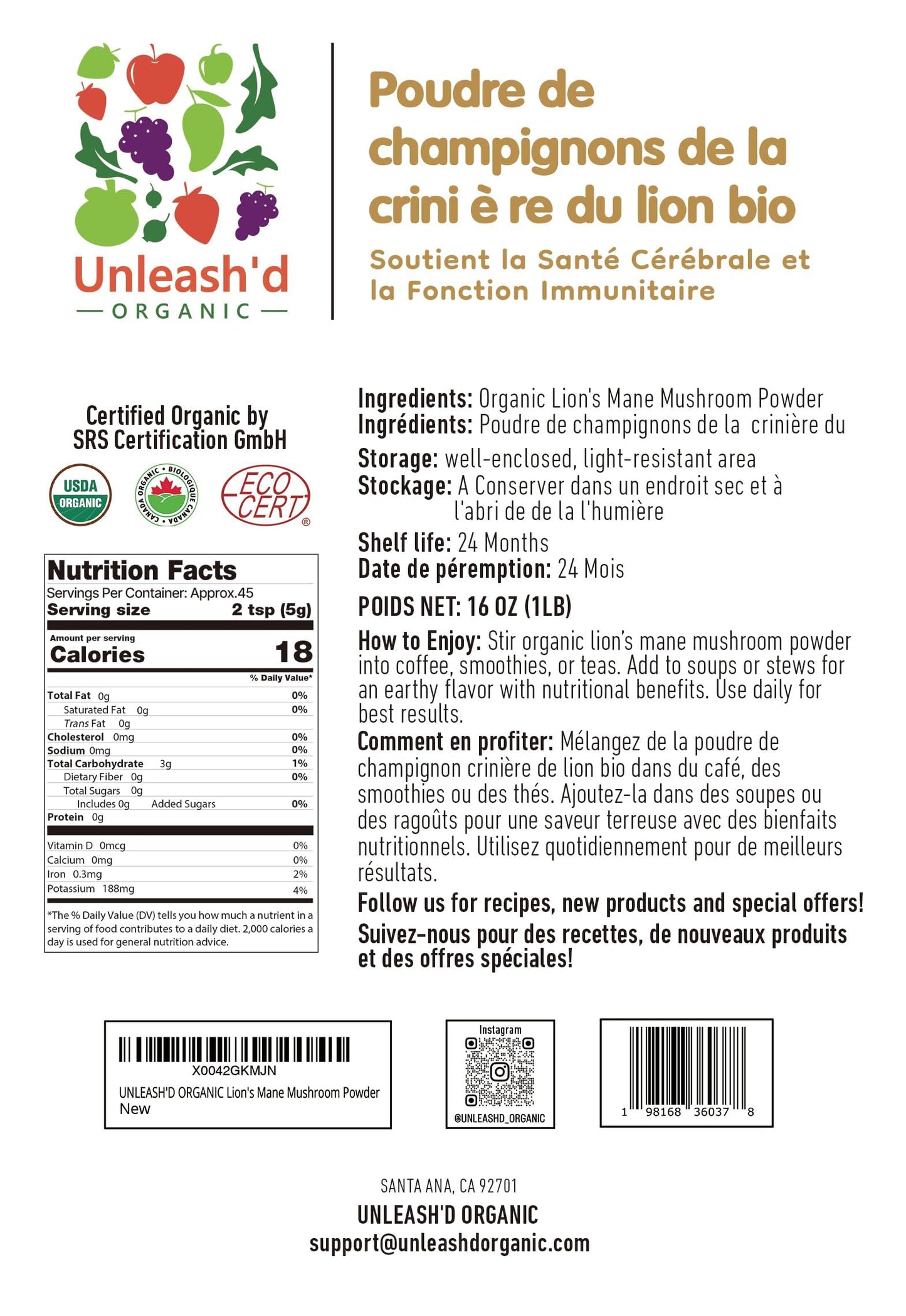 UNLEASH'D ORGANIC Lion’s Mane Mushroom Powder 16 oz