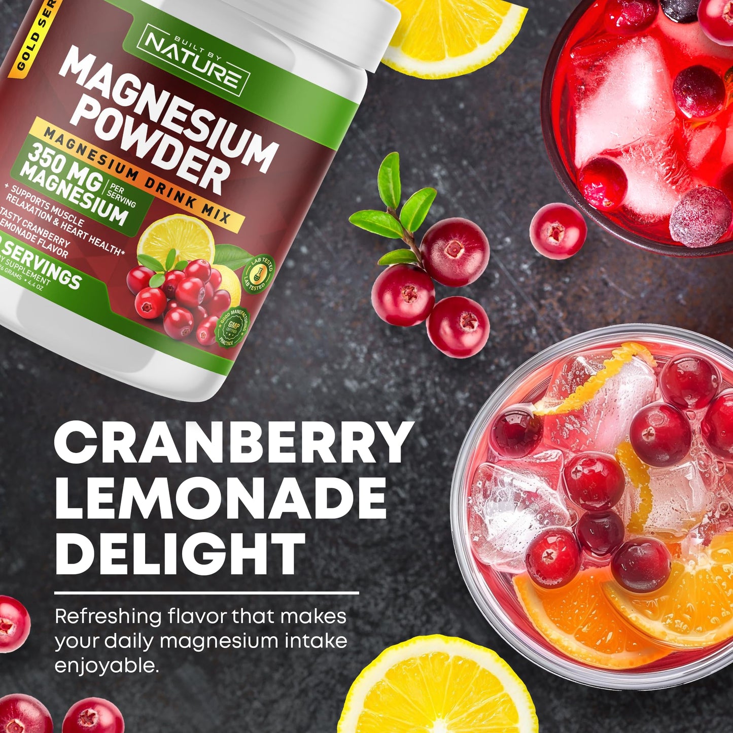 Built by Nature Magnesium Citrate Powder Cranberry Lemonade 4.44 Ounces