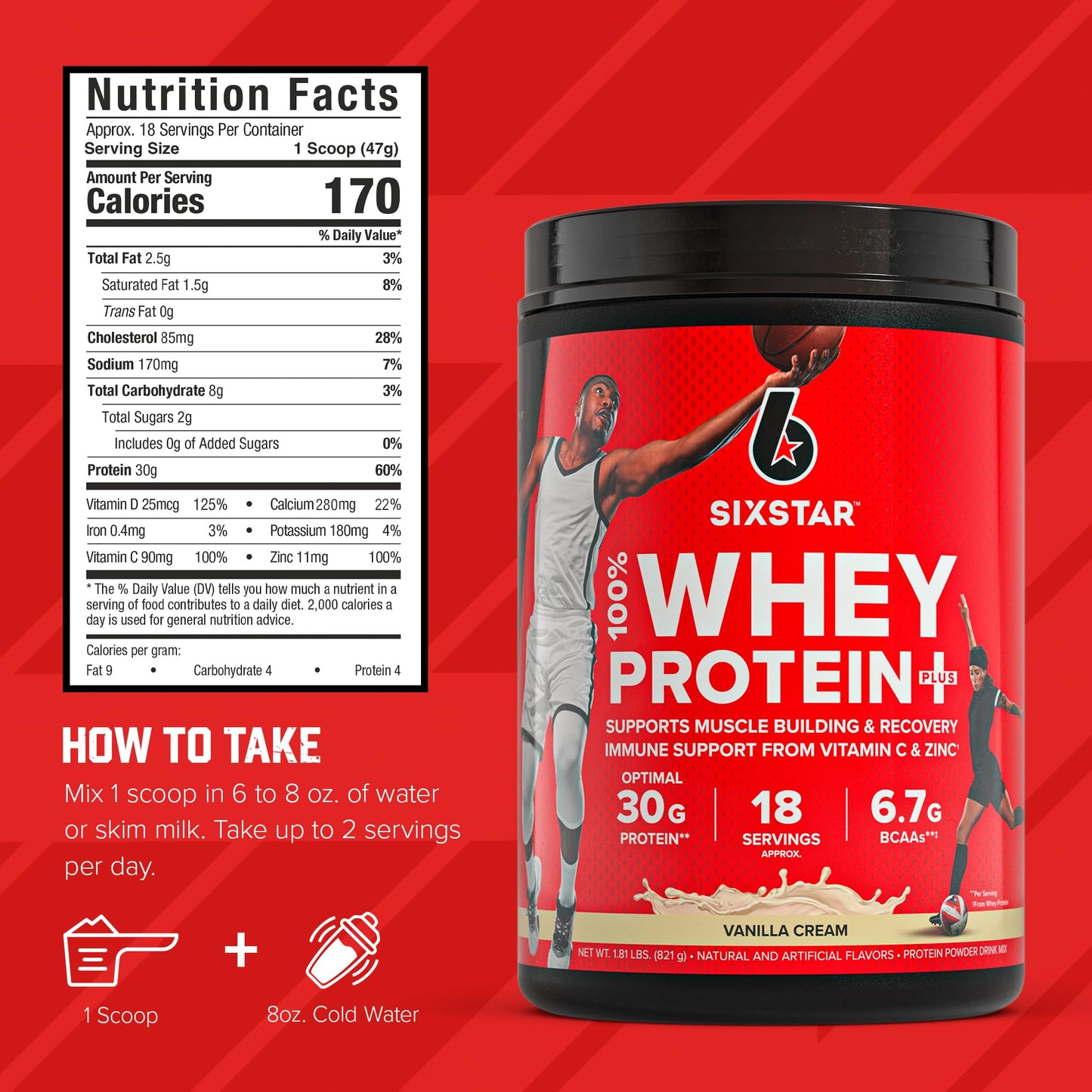 Six Star Whey Protein Powder Plus - Muscle Building & Recovery Formula with Whey Isolate Powder, BCAAs, 30g Protein, Immune Support - Post-Workout Supplement - Vanilla Cream, 29 Servings