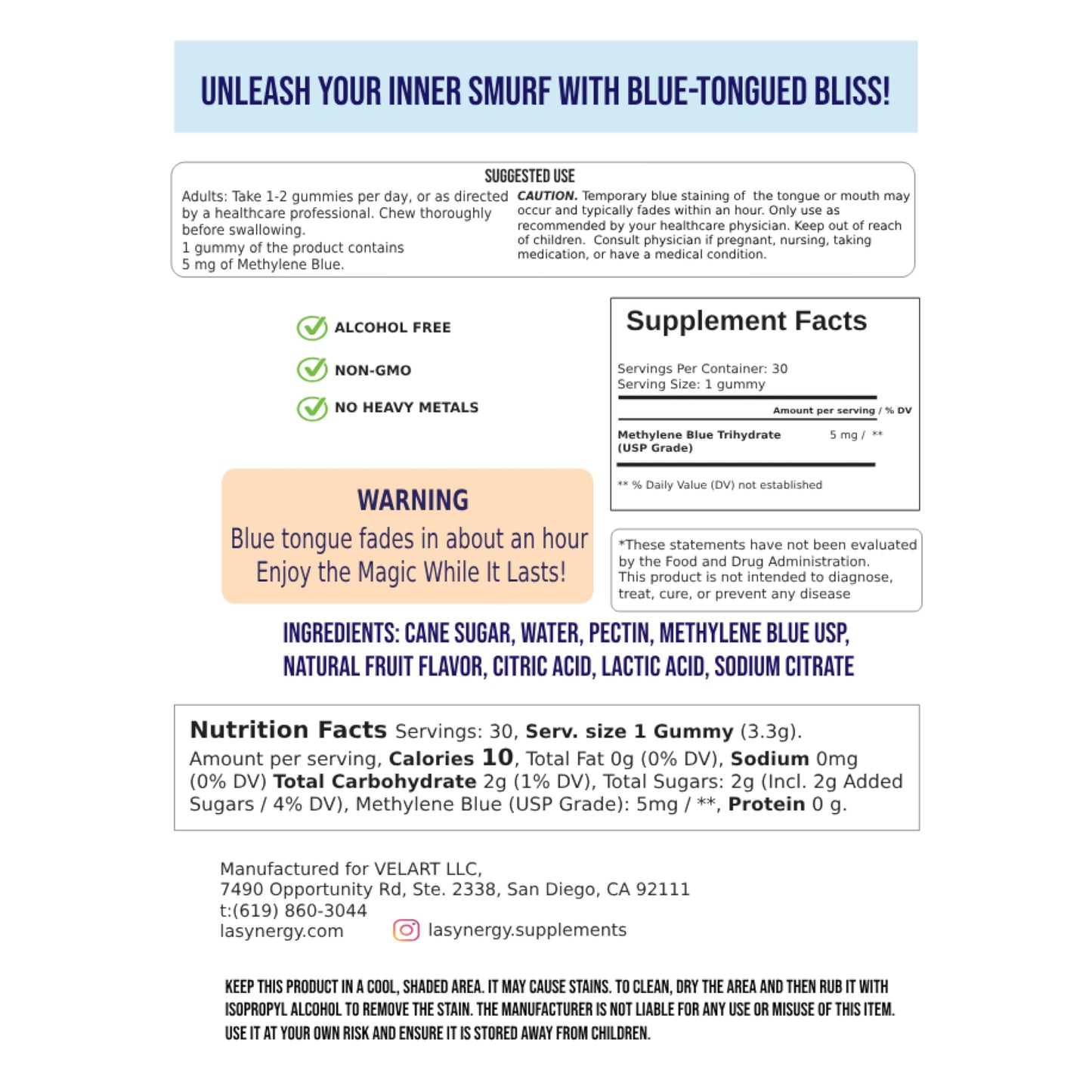 LA Synergy Methylene Blue Gummies 5mg, 30 Count