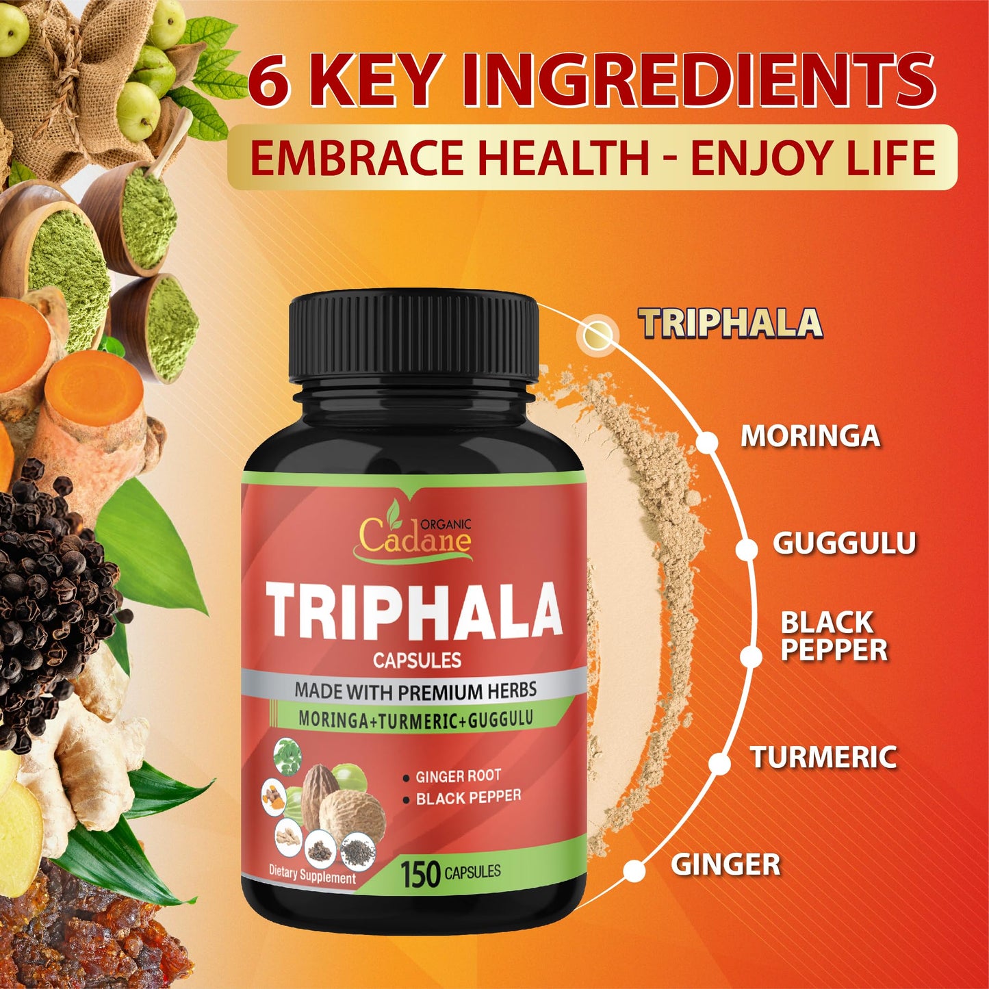 Organic Cadane Triphala Extract Capsules, 150 Capsules