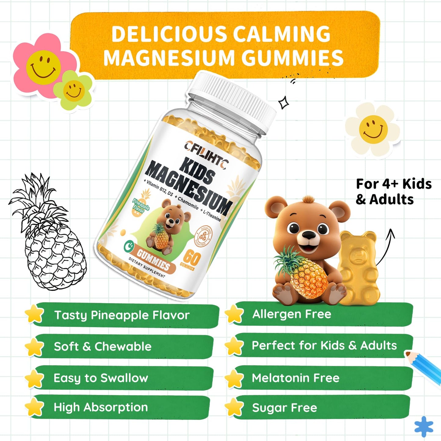 CFILIHTC Kids Magnesium Glycinate Gummies with Citrate, Zinc, Vitamin D3, B12, L-Theanine, Pineapple Flavor, 60 Gummies