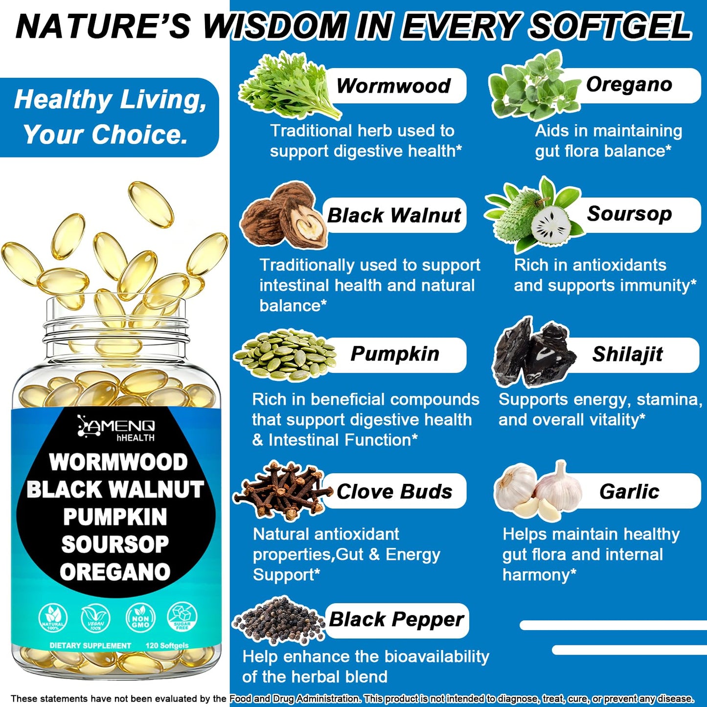 AMENQ hHEALTH Wormwood Black Walnut Clove Cleanse for Humans, Max Absorption Softgel, 120 Count