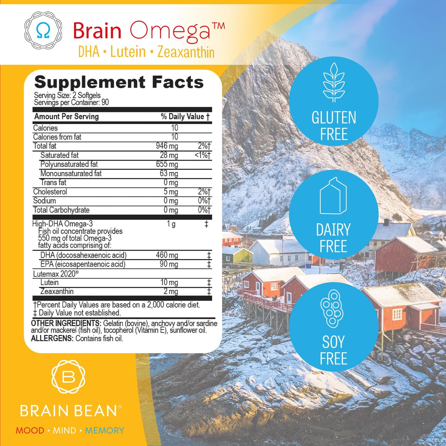 Brain Bean Brain Omega with Lutein and Zeaxanthin Softgels, 180 Count