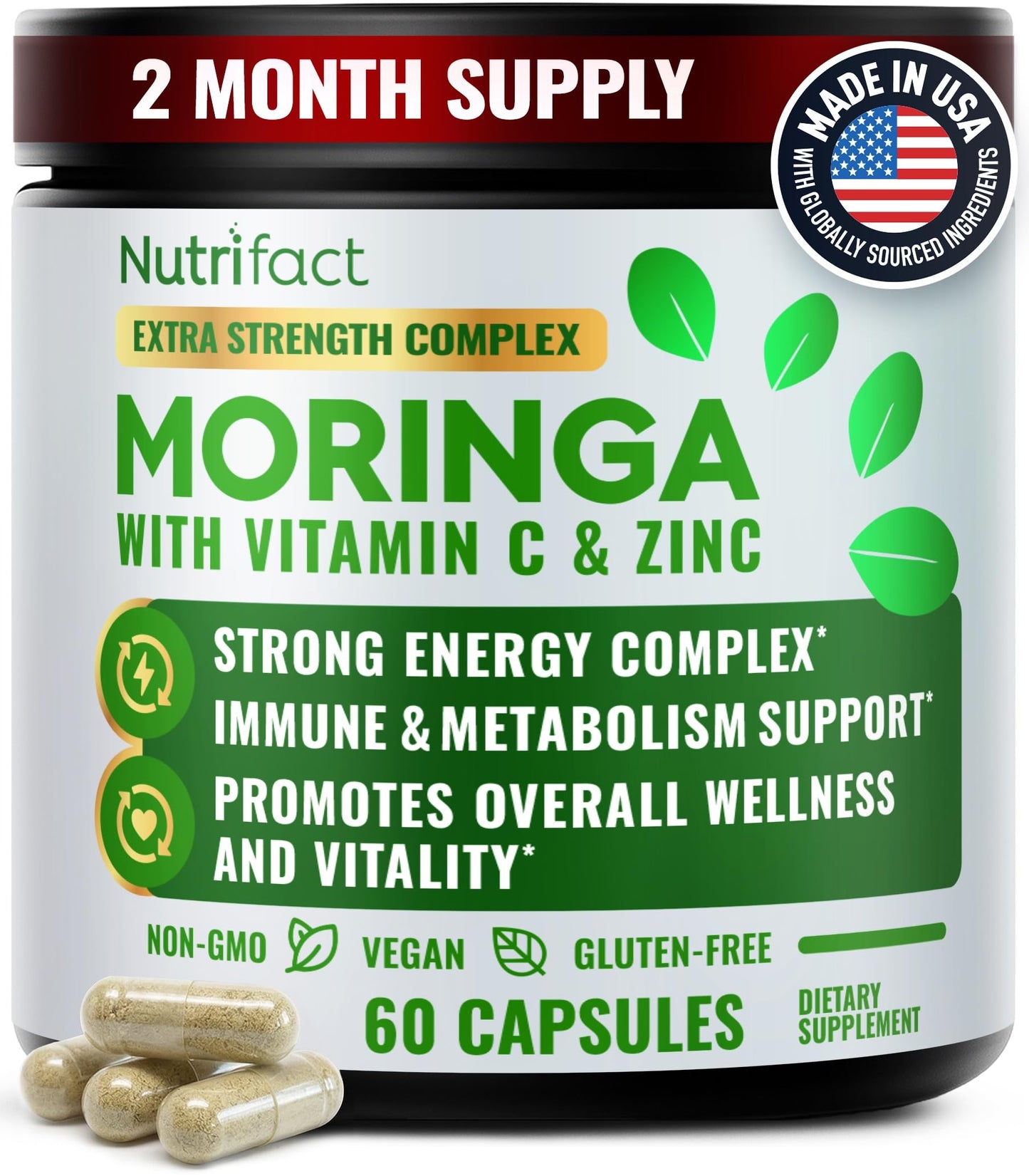 NutriFact Moringa Capsules Moringa Supplements with Leaf Extract, L-Lysine, Vitamin C & Zinc – Energy, Immune Support, Antioxidant Formula, Vegan, Non-GMO, Made in USA, 60 Capsules