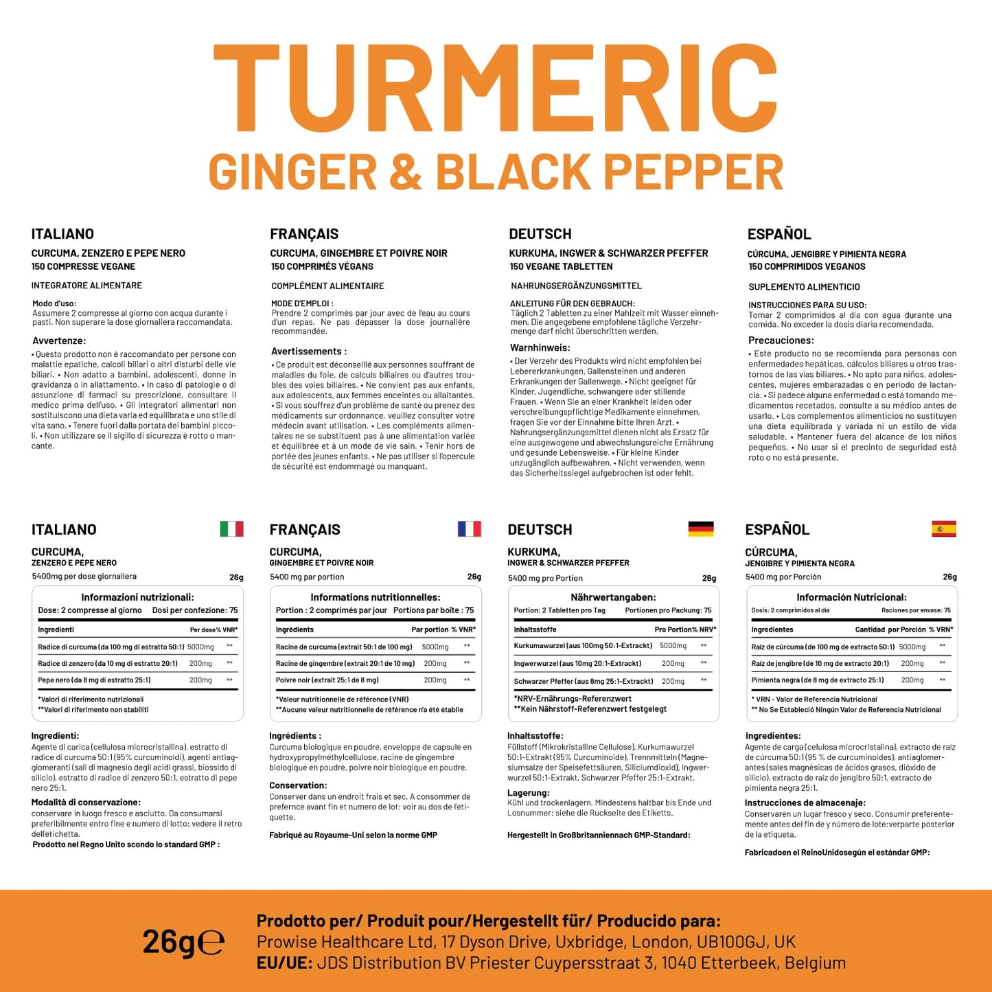 PH PROWISE Healthcare Turmeric Tablets 5400mg with Black Pepper & Ginger, 95% Curcumin - 150 Tablets