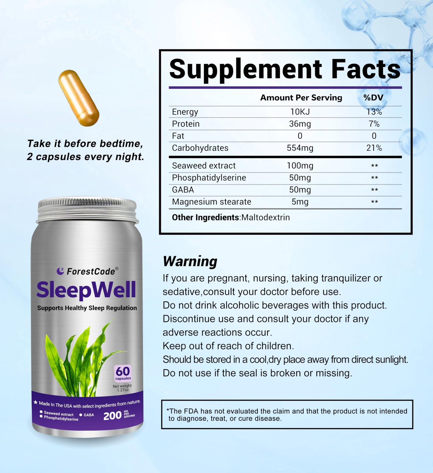 ForestCode Melatonin Free Sleep Aid for Adults Capsules, 120 Count