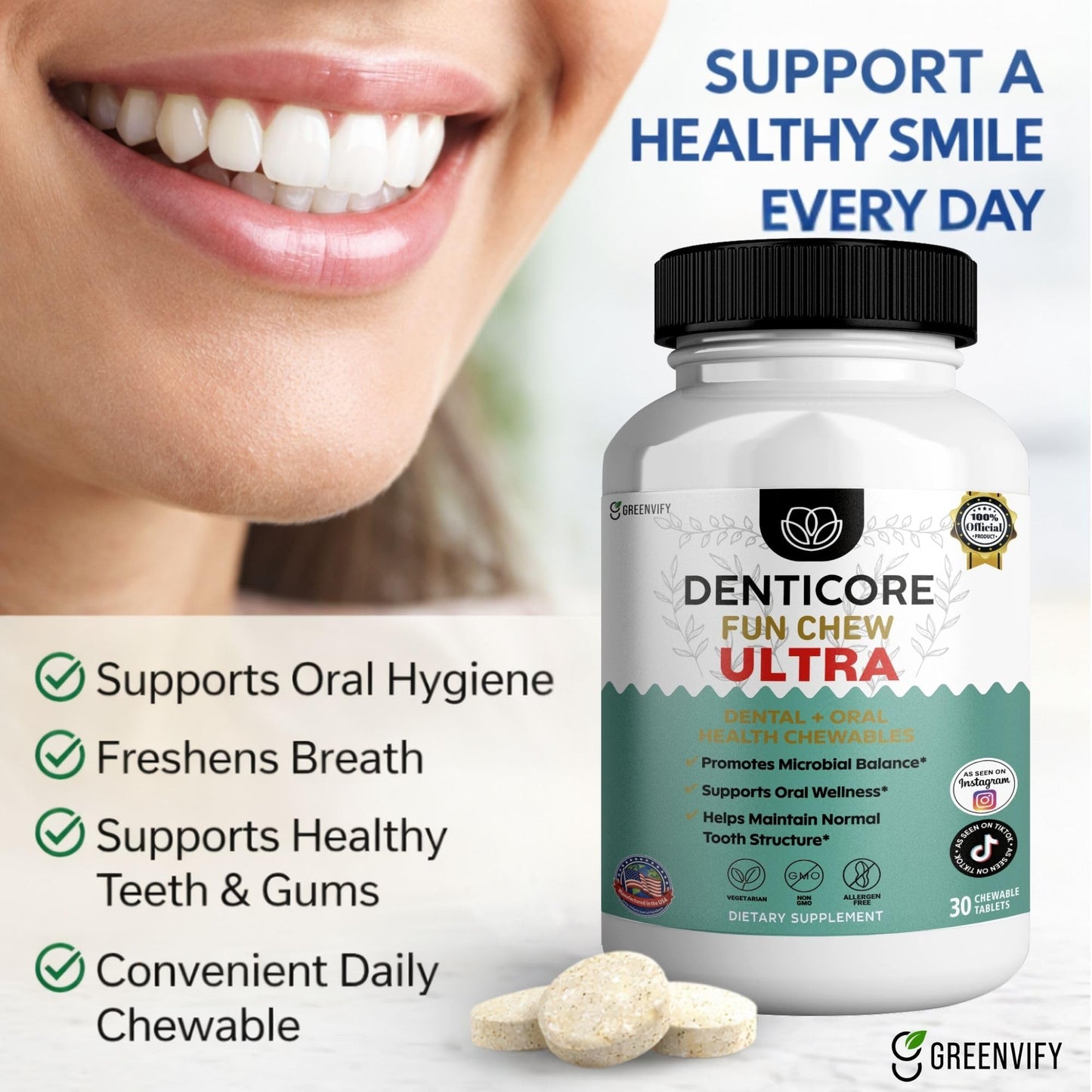 GREENVIFY DentiCore Fun Chew Ultra Oral Probiotics, Advanced Gums and Teeth Health Supplement, Chewable Tablet, 30