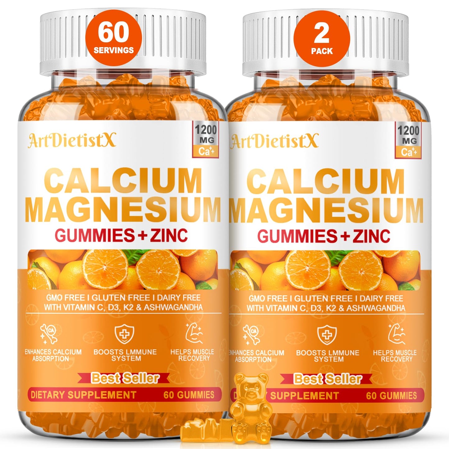 ArtDietistX Calcium Gummies with Vitamin D3, High Absorption Calcium Supplement, 120 Gummies